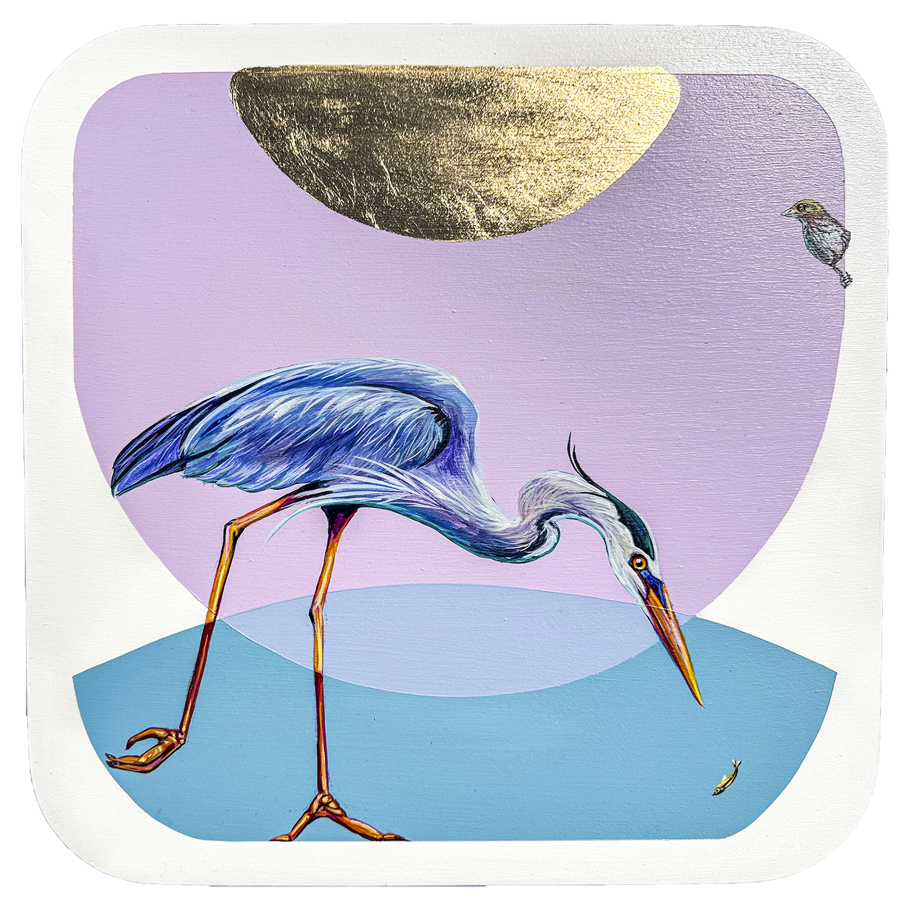 A blue heron dives for a small fish while a small bird watches from above. The background is comprised of blocks of color, lilac, teal and gold leaf.