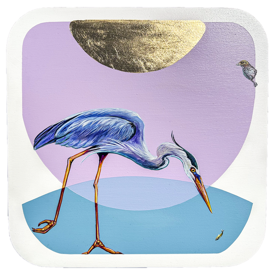 A blue heron dives for a small fish while a small bird watches from above. The background is comprised of blocks of color, lilac, teal and gold leaf.