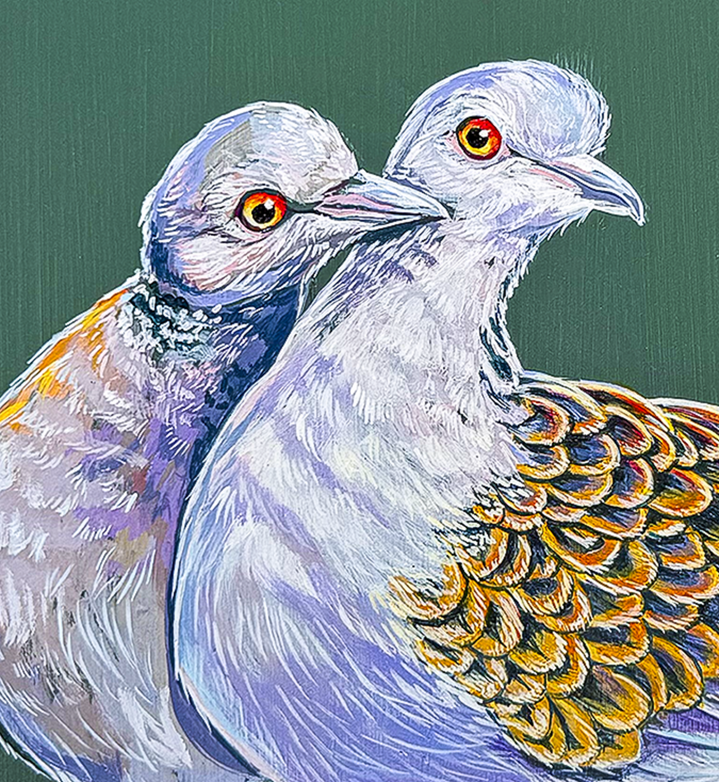 A close up look at the pigeons demonstrates Marie's fine attention to detail in the colorful feathering.