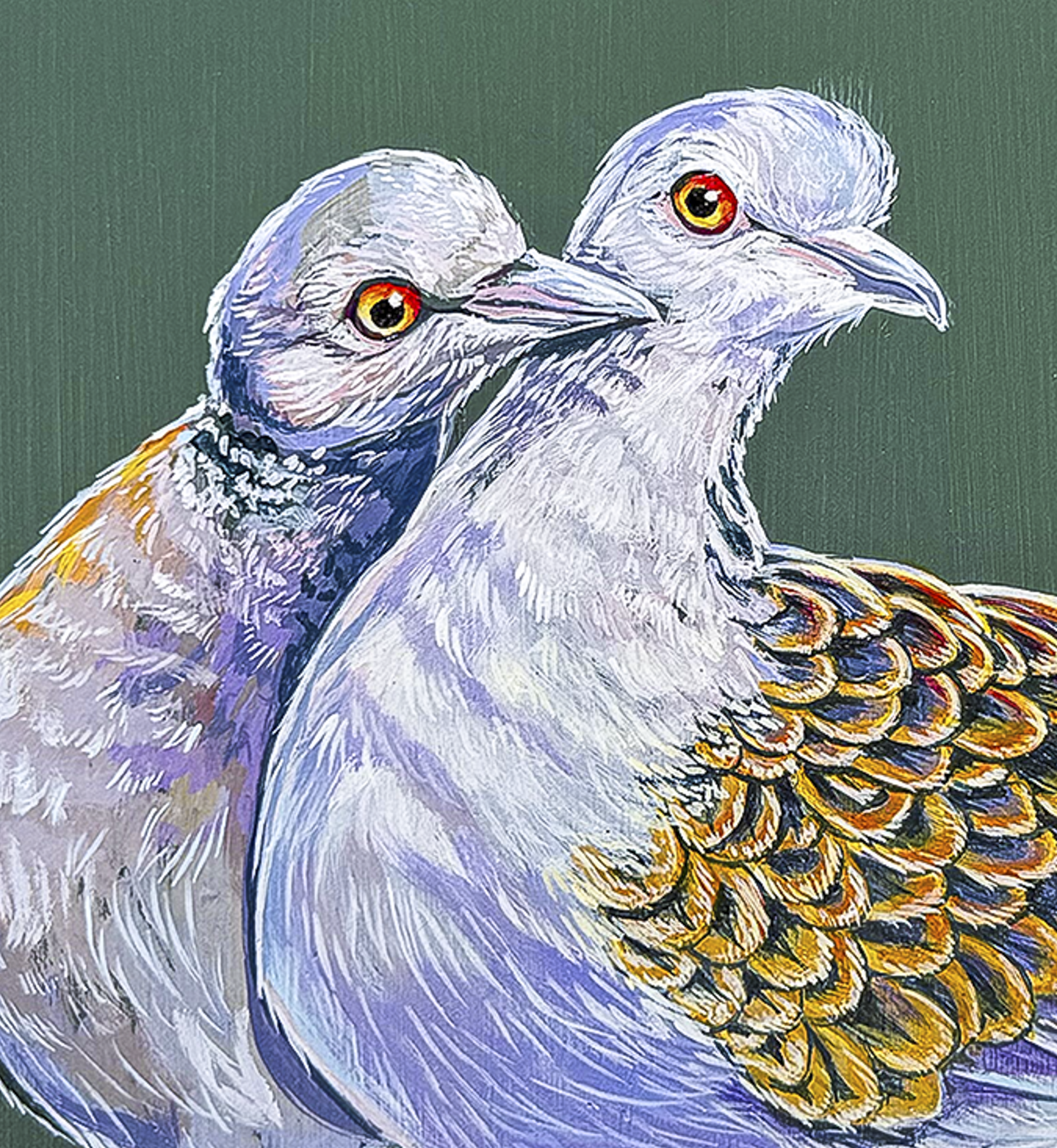 A close up look at the pigeons demonstrates Marie's fine attention to detail in the colorful feathering.