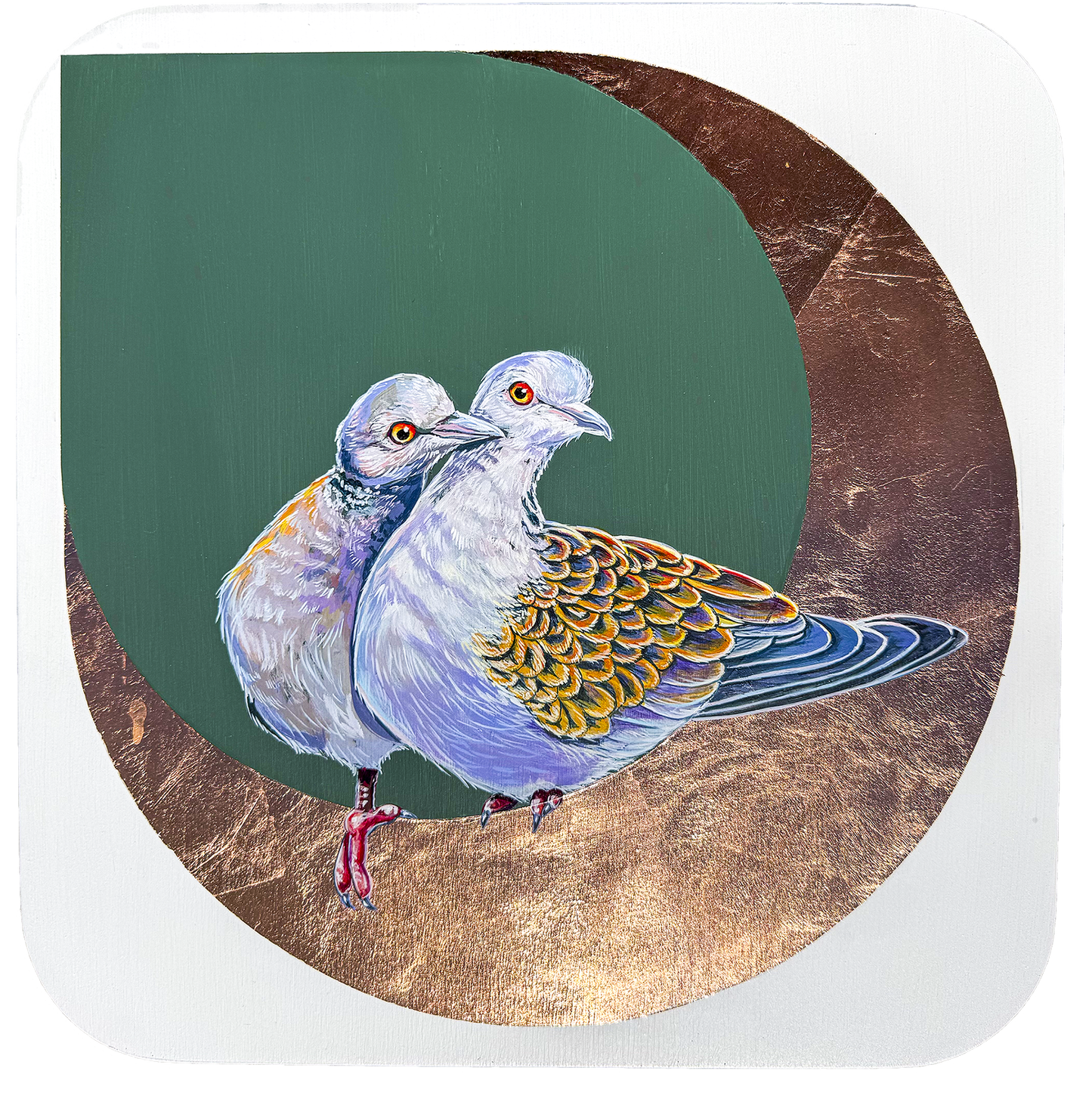 These two rock pigeons are cuddling up against a background of teal and copper leaf.