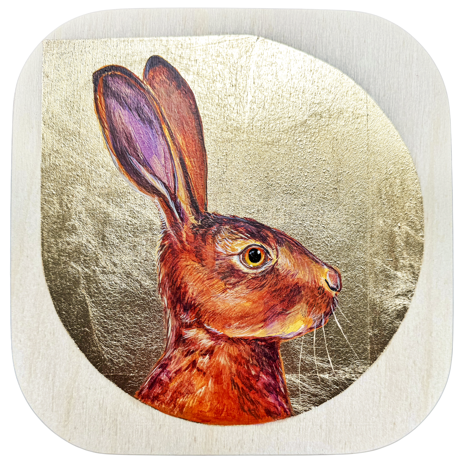 This bunny is all ears, which becomes the feature of this painting. The rabbit is brown with a light purple hue to the inside of his ears which are standing straight and tall. The rabbit's head, neck and ears are on a background of gold leaf.