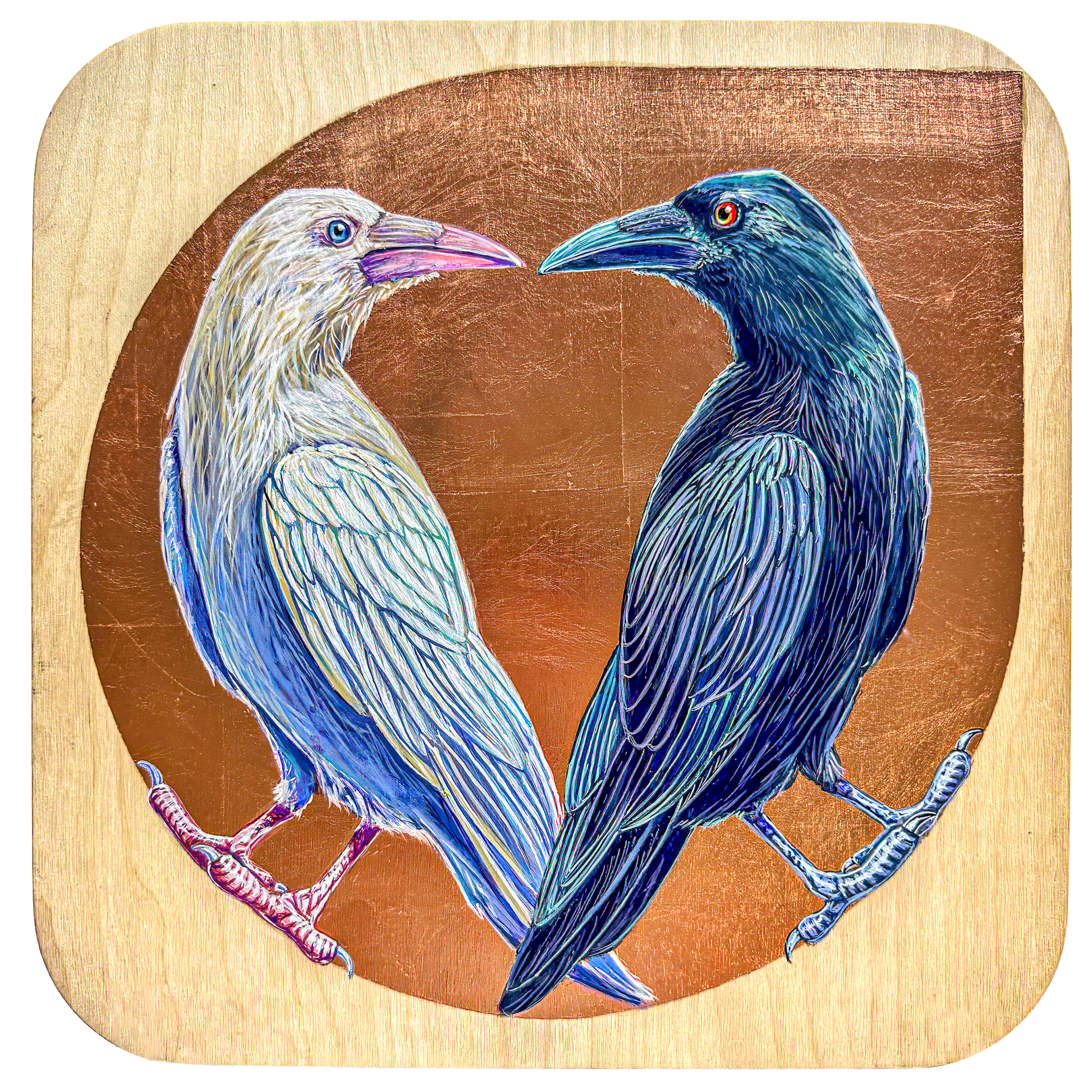 Two painted ravens, one white and one black, turning face to face. Painted against a copper leaf background on natural birch wood; artist Marie Lavallee