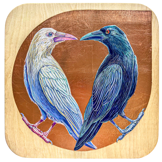 Two painted ravens, one white and one black, turning face to face. Painted against a copper leaf background on natural birch wood; artist Marie Lavallee