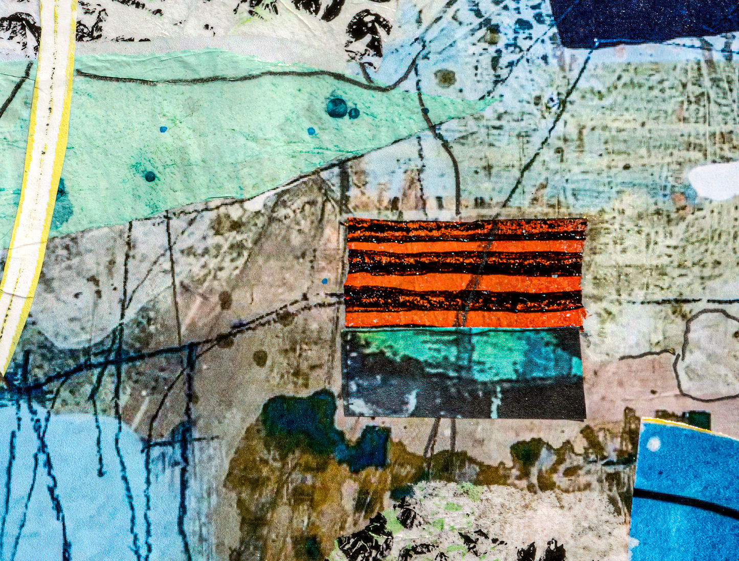'Lasting Impressions' is a mixed media painting and collage using a blue and green palette with a patch of orange and black stripe. Close up detail of image shown