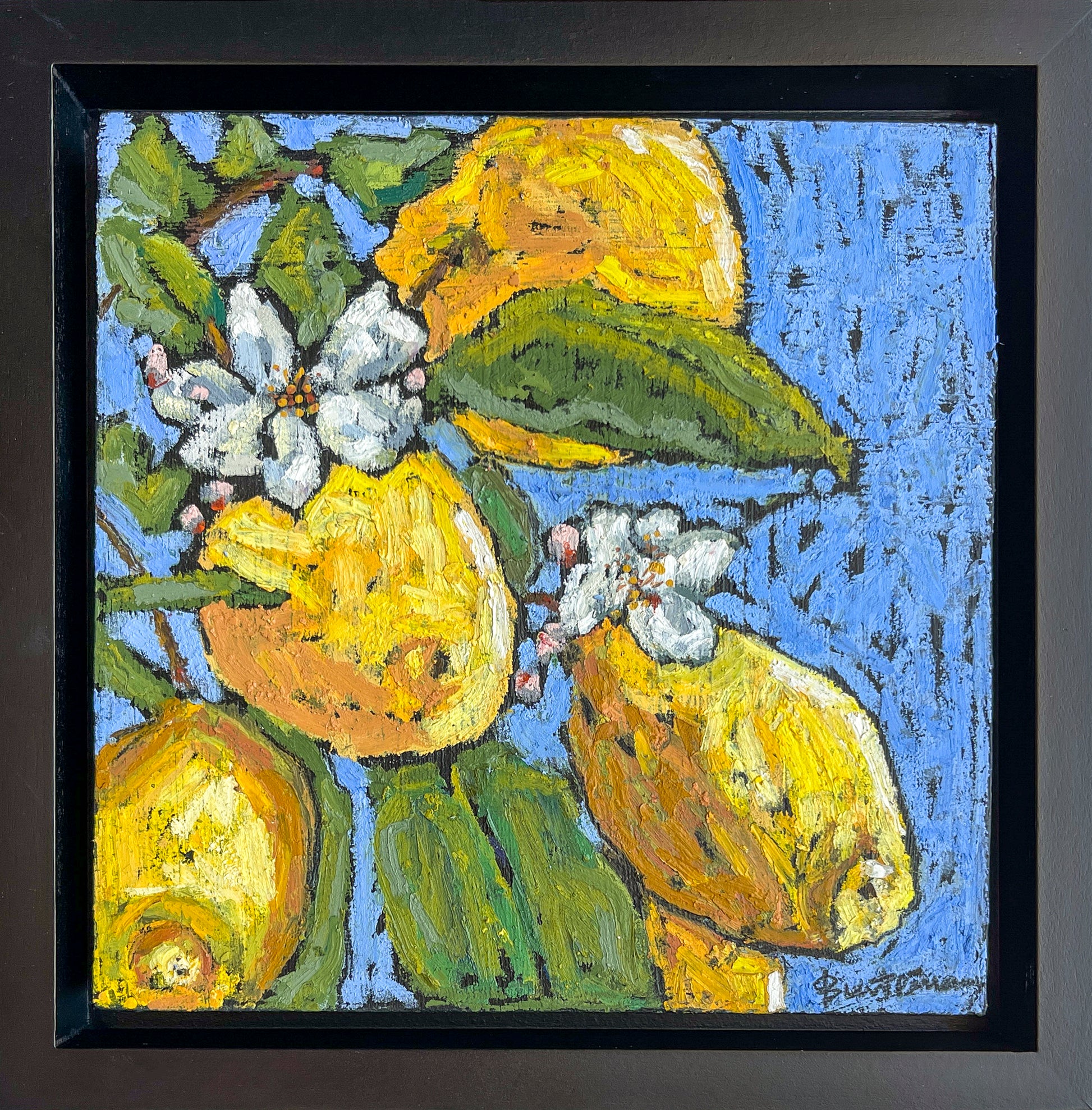 Lemon Zinger shown here in a black wooden frame. Five lemons are shown with green leaves and a few white buds. 
The background is strokes of blue pastel.