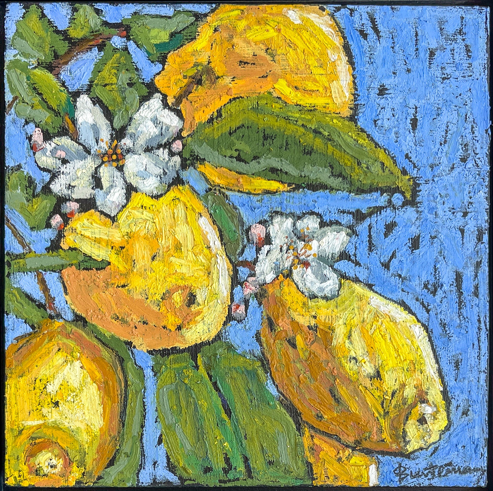 Lemon Zinger is shown here without its black frame. You can see the details of the strokes of the oil pastel on the lemons and the blue background in particular.