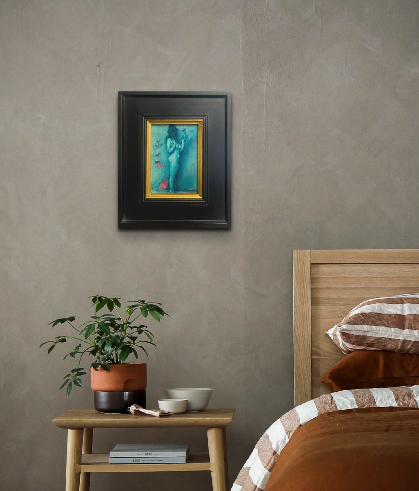 Oil painting of side view of nude woman with bird in blue shades with red highlights titled 'Little Bird' by E. E. Jacks in situ with frame