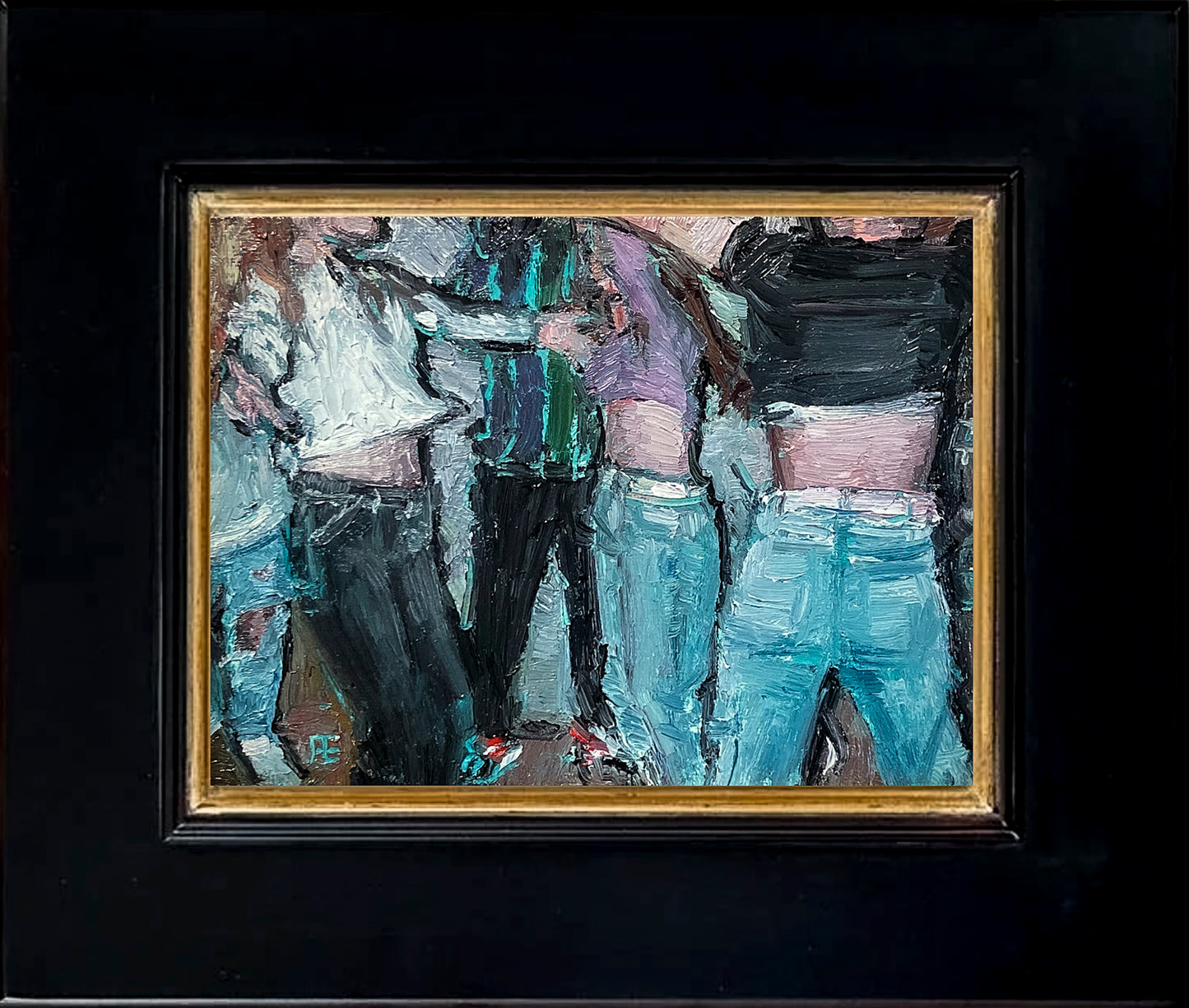 An impressionistic painting of dancing, youthful figures with odd shapes and patterns, using blues, blacks, and flesh tones; shown w/2" black wood frame