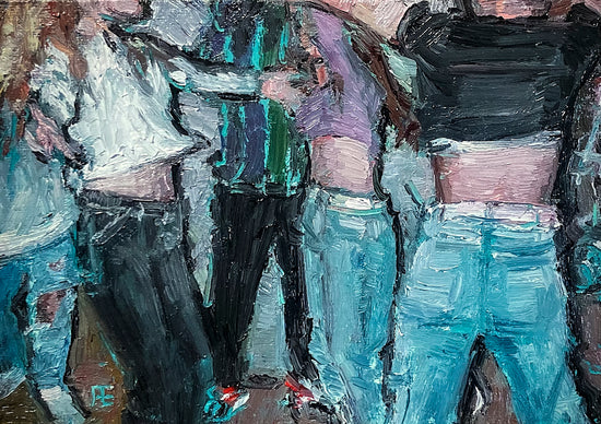 An impressionistic painting of dancing, youthful figures with odd shapes and patterns, using blues, blacks, and flesh tones