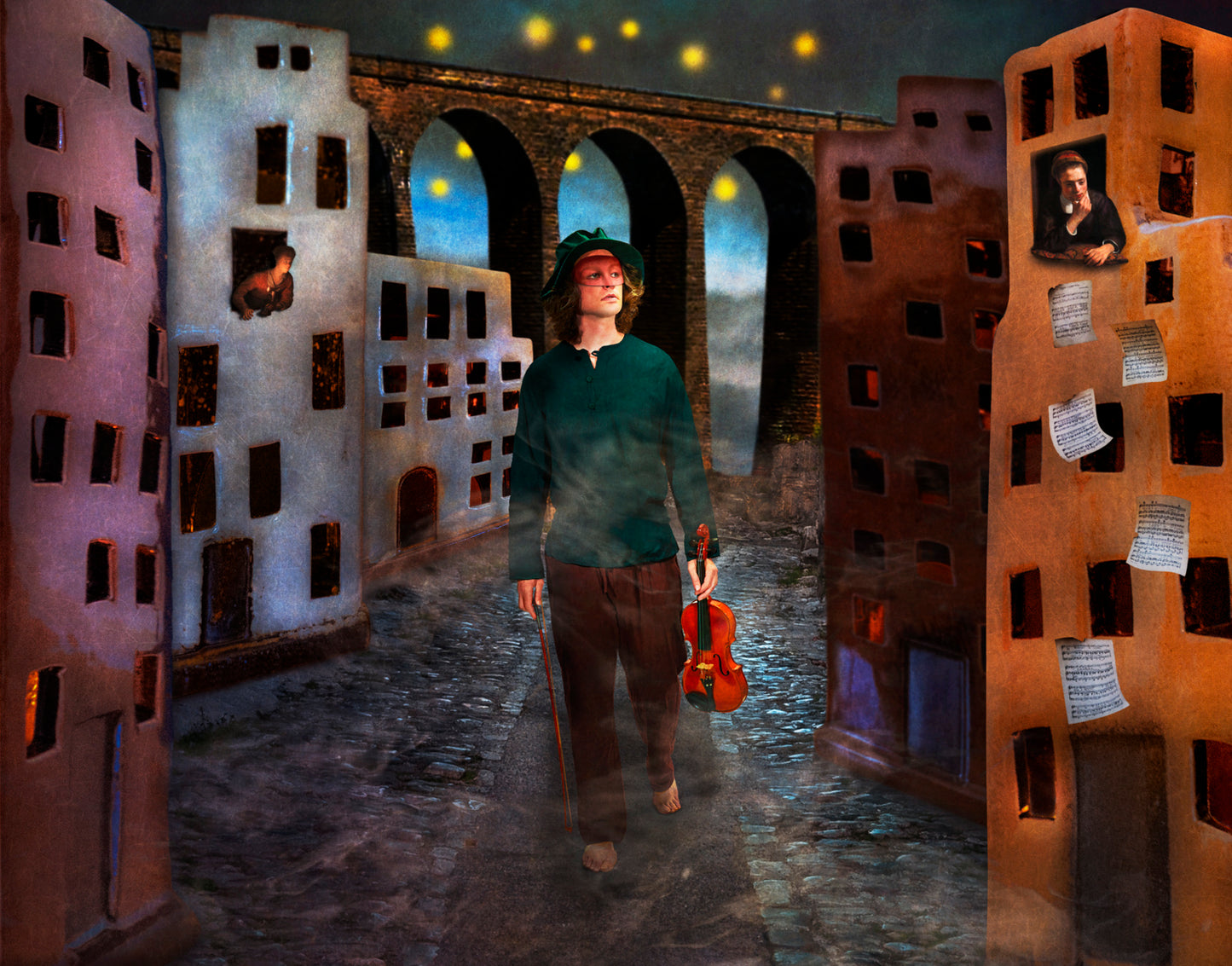 Young man holding violin walking along street of surreal looking town with music sheets falling from windows off to right - title 'Search for a Melody' by Jane Ouweleen