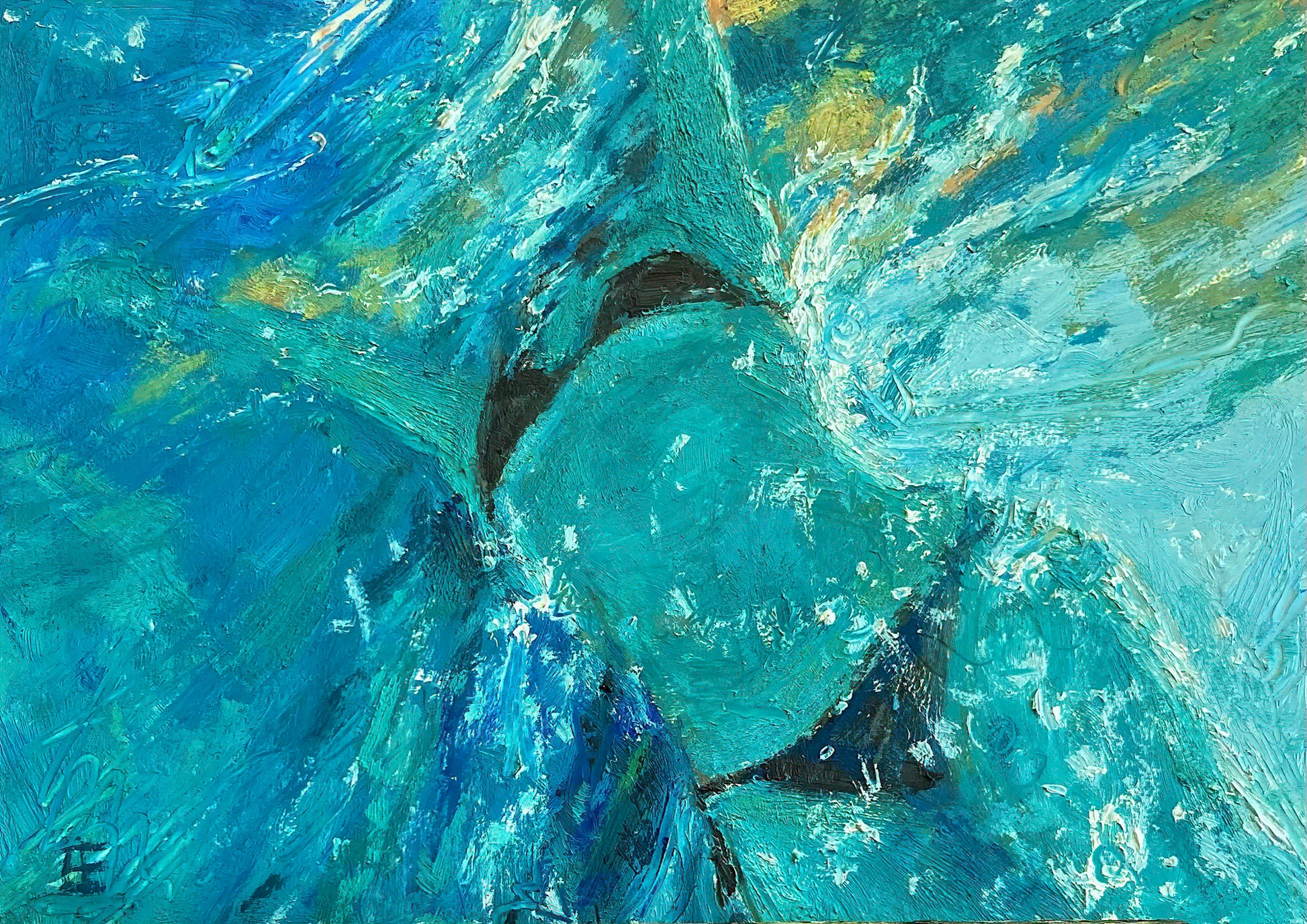 A painting of a woman in a bikini in water. The view is from under the water's surface with blue and green tones