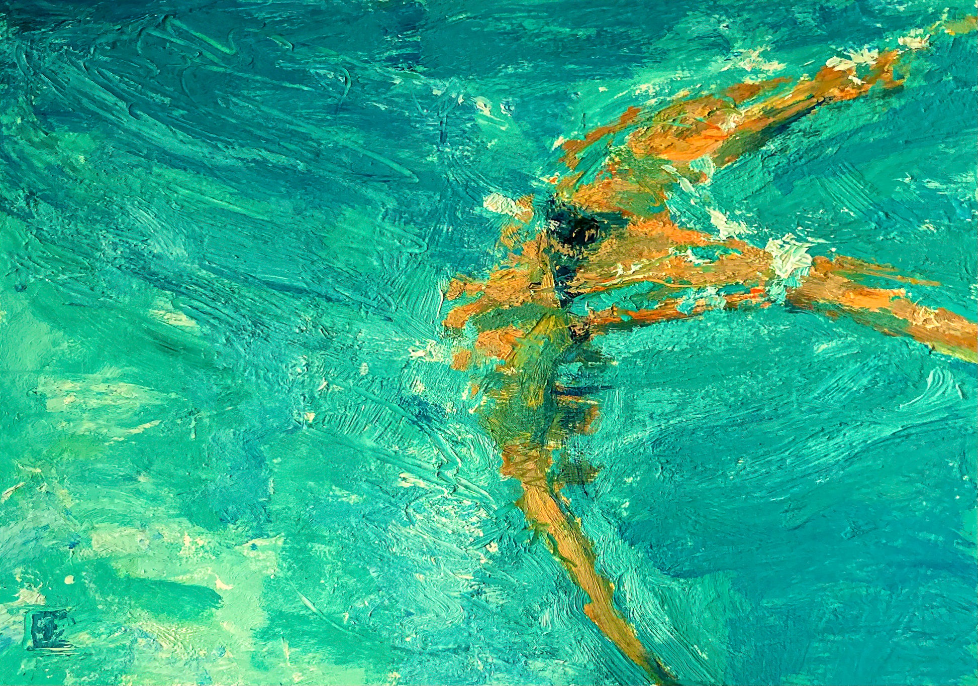 This oil painting shows a swimmer have submerged, floating in the water.  The water appears in hues of teal, with ripples and reflections of light.