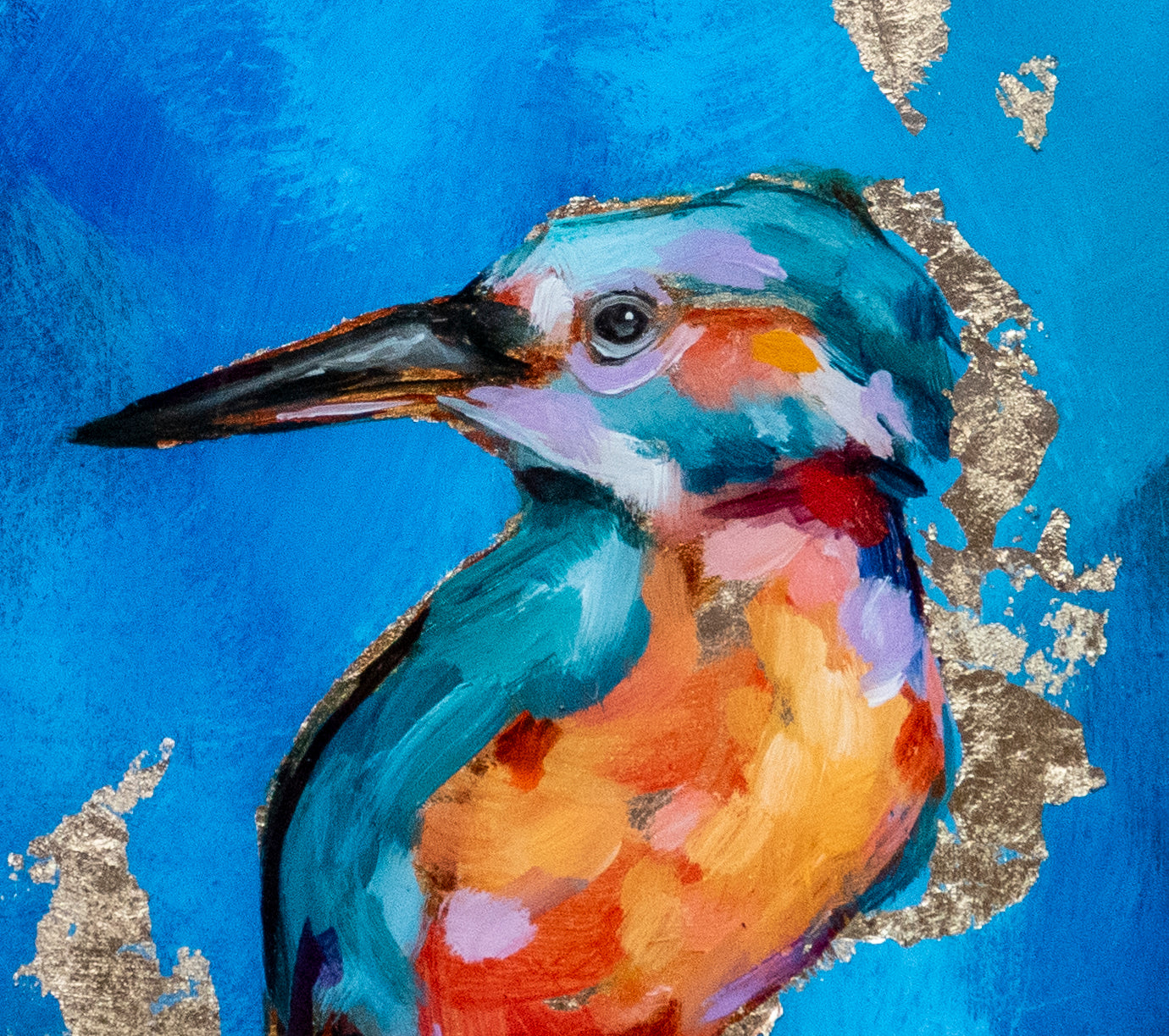 Close up of  painting of two Kingfishers is mixed media; using acrylic and oil, pencil, and gold leaf with glossy resin finish on surface; colorful with mostly blues and golds; artist Shaney Watters; incl raw maple float frame