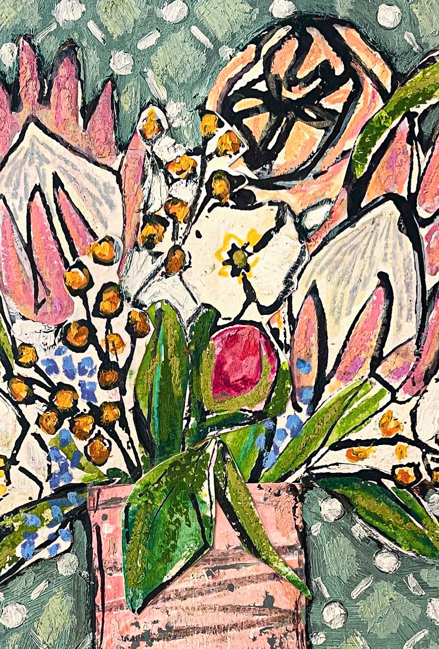 Closeup of painted collage of flowers, including protea blooms, in abstract pink vase against a blue/green checked background; artist Rachel Bunteman