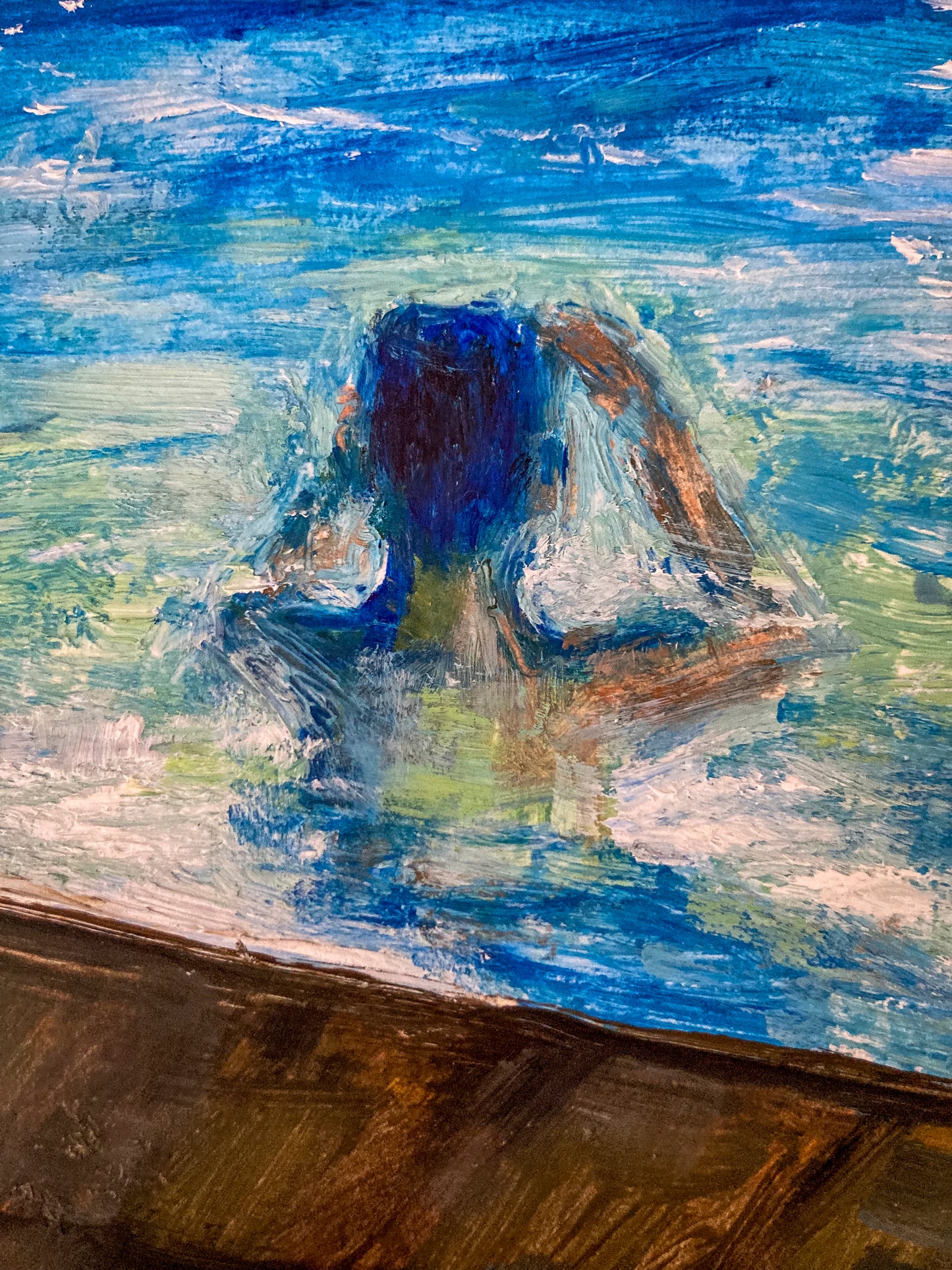 Colorful oil painting on paper; closeup of back view of person in pool at night; vibrant blues; artist E. E. Jacks