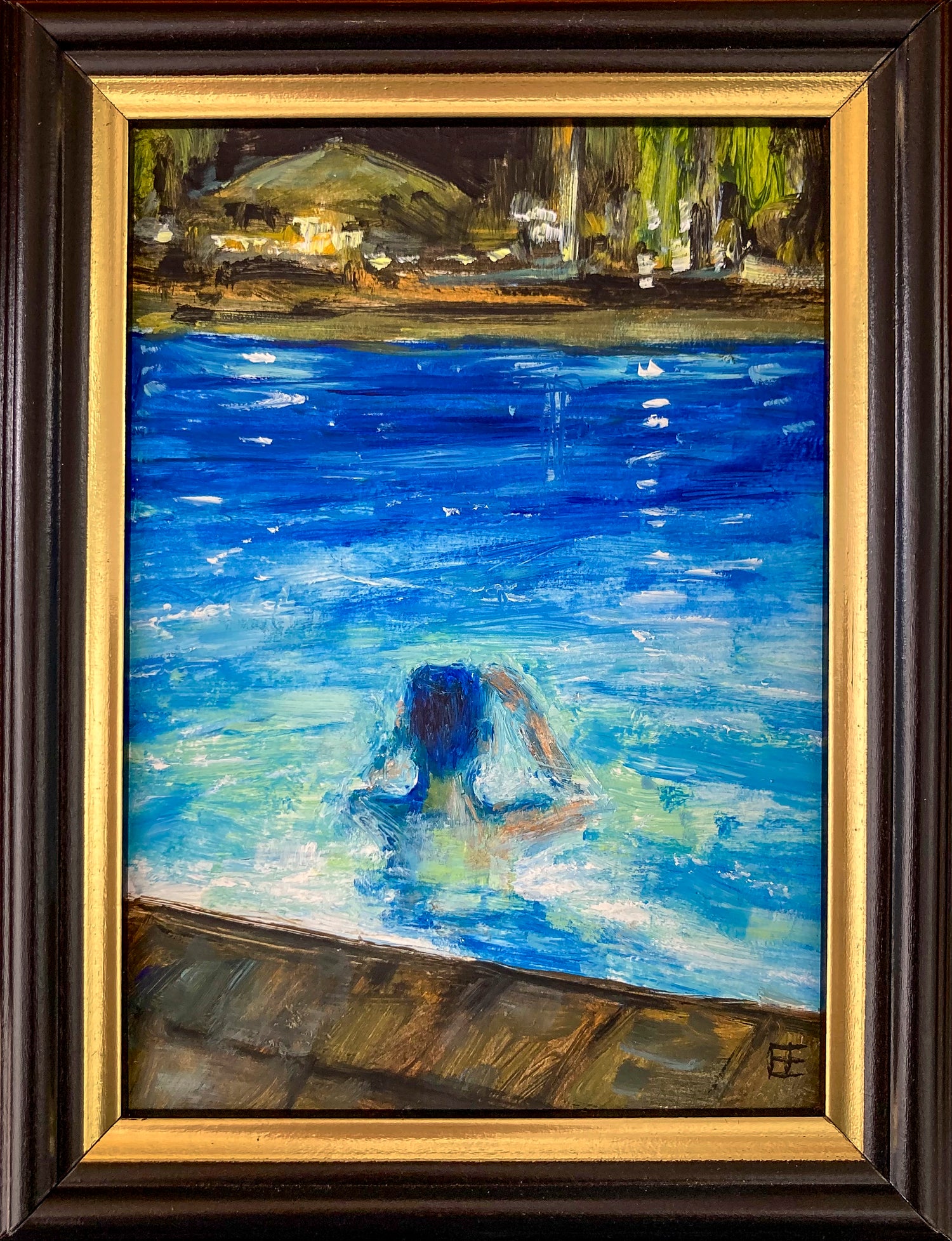 Colorful oil painting on paper; back view of person in pool at night; vibrant blues and impression of lights and umbrella in background; 5"x7" image with dark wood frame with gold gild inlay; title - In It; artist E.E. Jacks