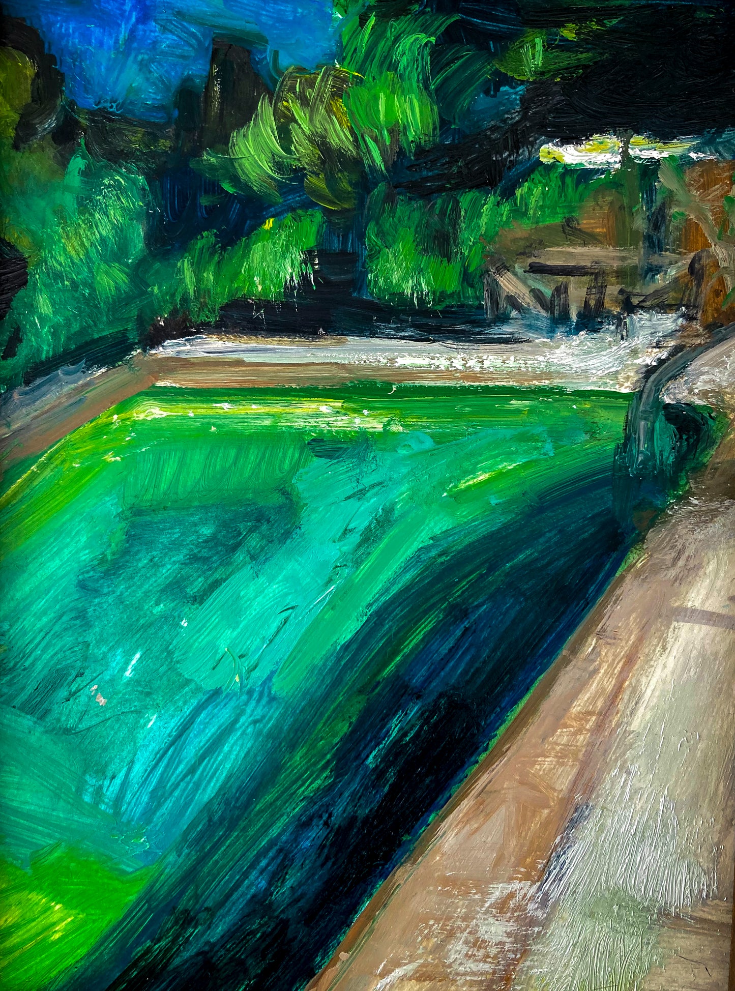 Colorful oil painting on paper; back view of pool at night; vibrant blues and greens and impression of lights and umbrella in background; 6"x8" image with 3" dark wood frame; artist E.E. Jacks;