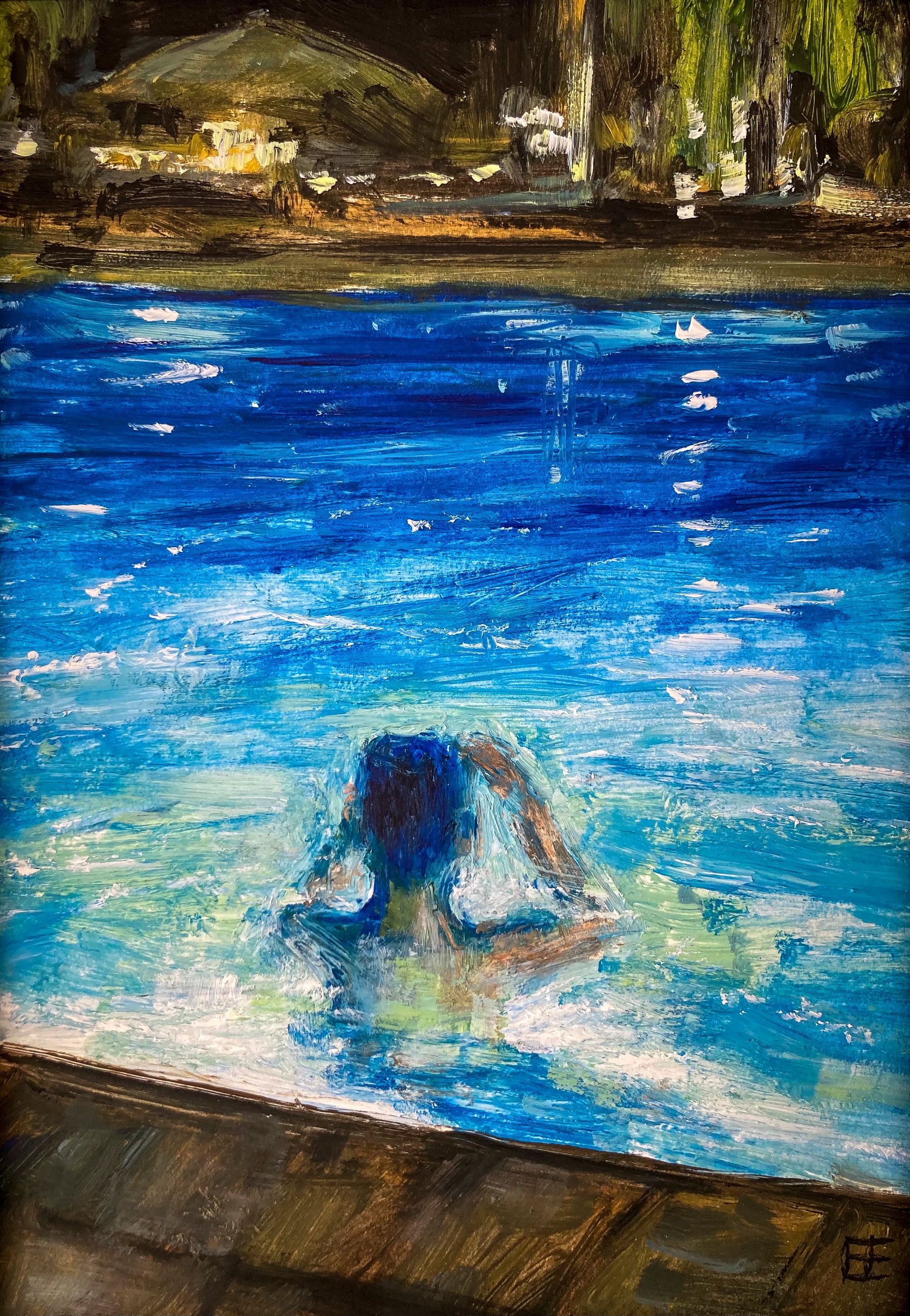 Colorful oil painting on paper; back view of person in pool at night; vibrant blues and impression of lights and umbrella in background; 5"x7" image; artist E.E. Jacks
