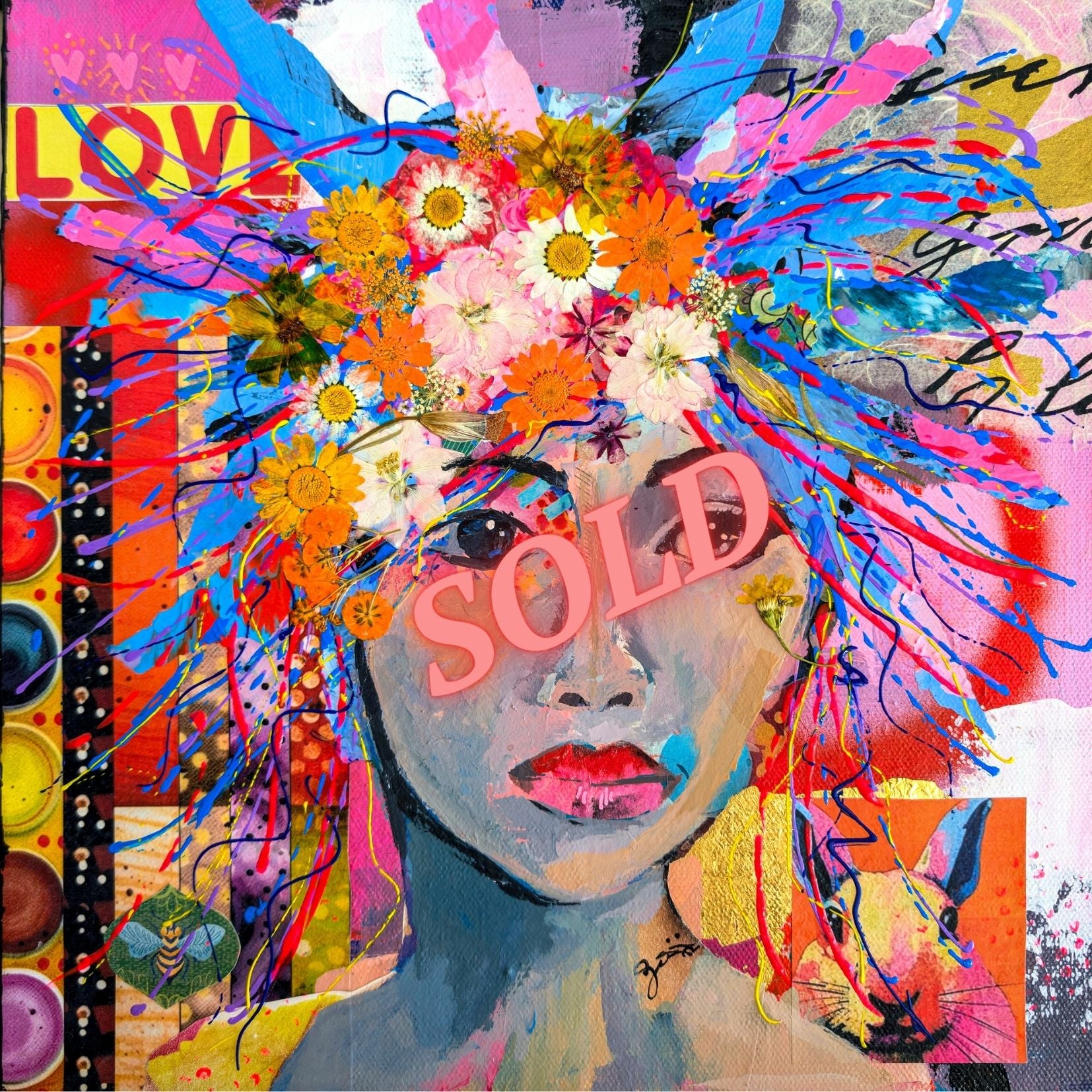 This work is a colorful abstract art piece with a woman's face and floral elements. The word LOVE appears in the left corner and on the side is a painter's palette of colors.