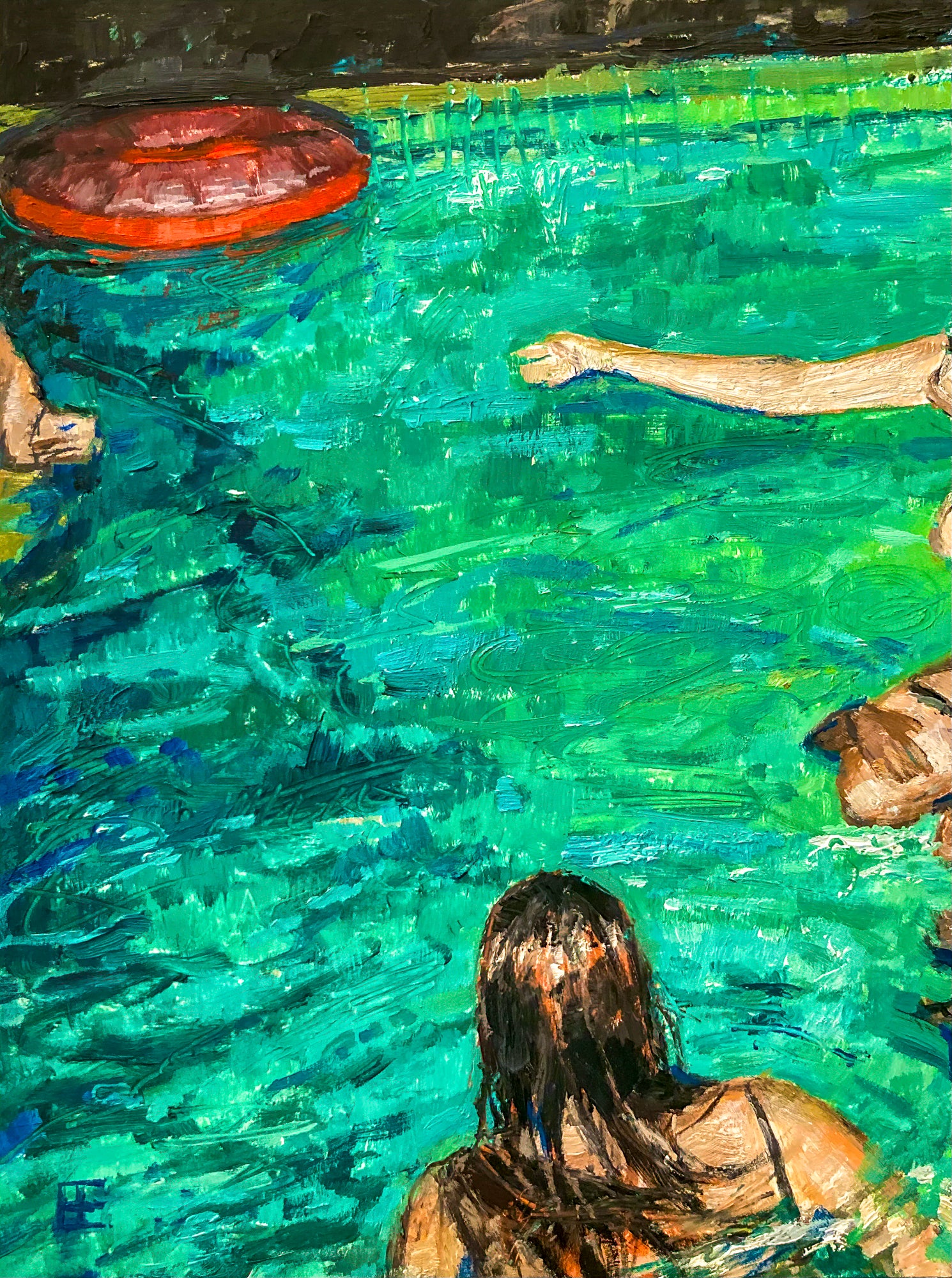 Artistic depiction of a person reaching out to another in a pool with a red inner tube in the water. The water reflects light from inside and outside the pool.