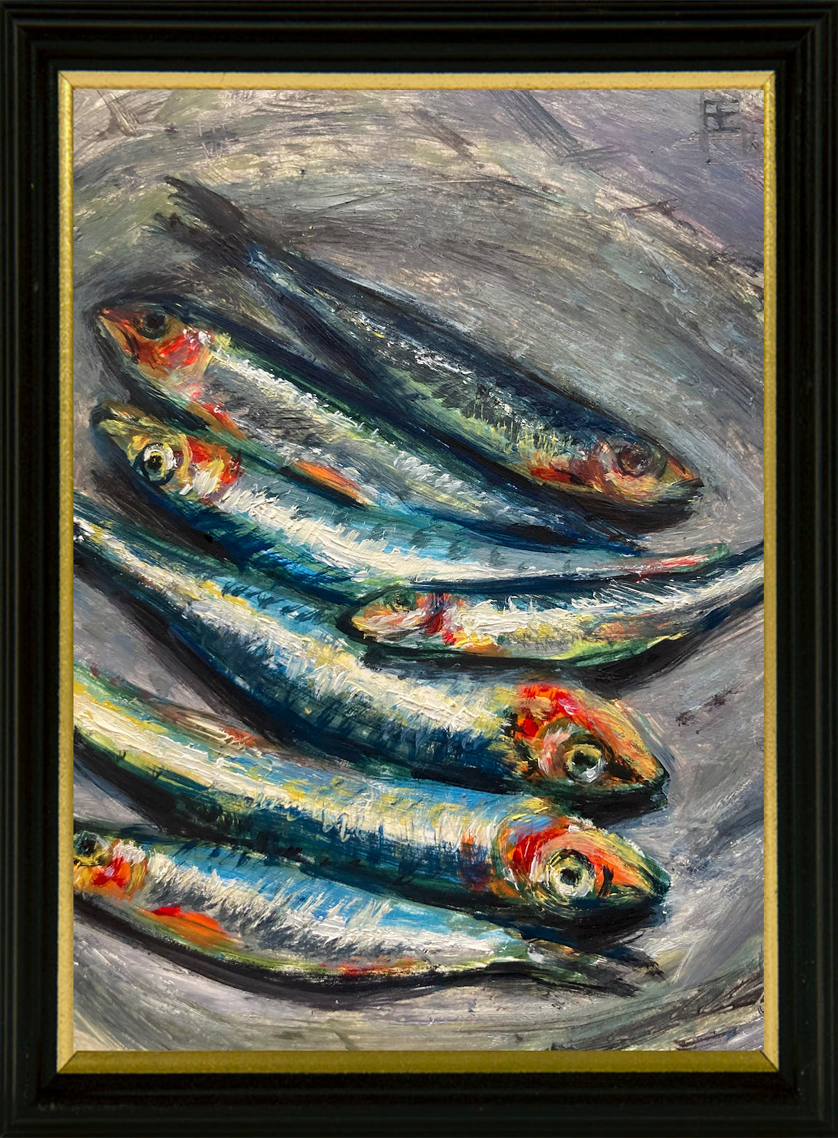 Seven colorful sardines laid out on a silver background; artist E.E. Jacks; 7"Wx9"H framed