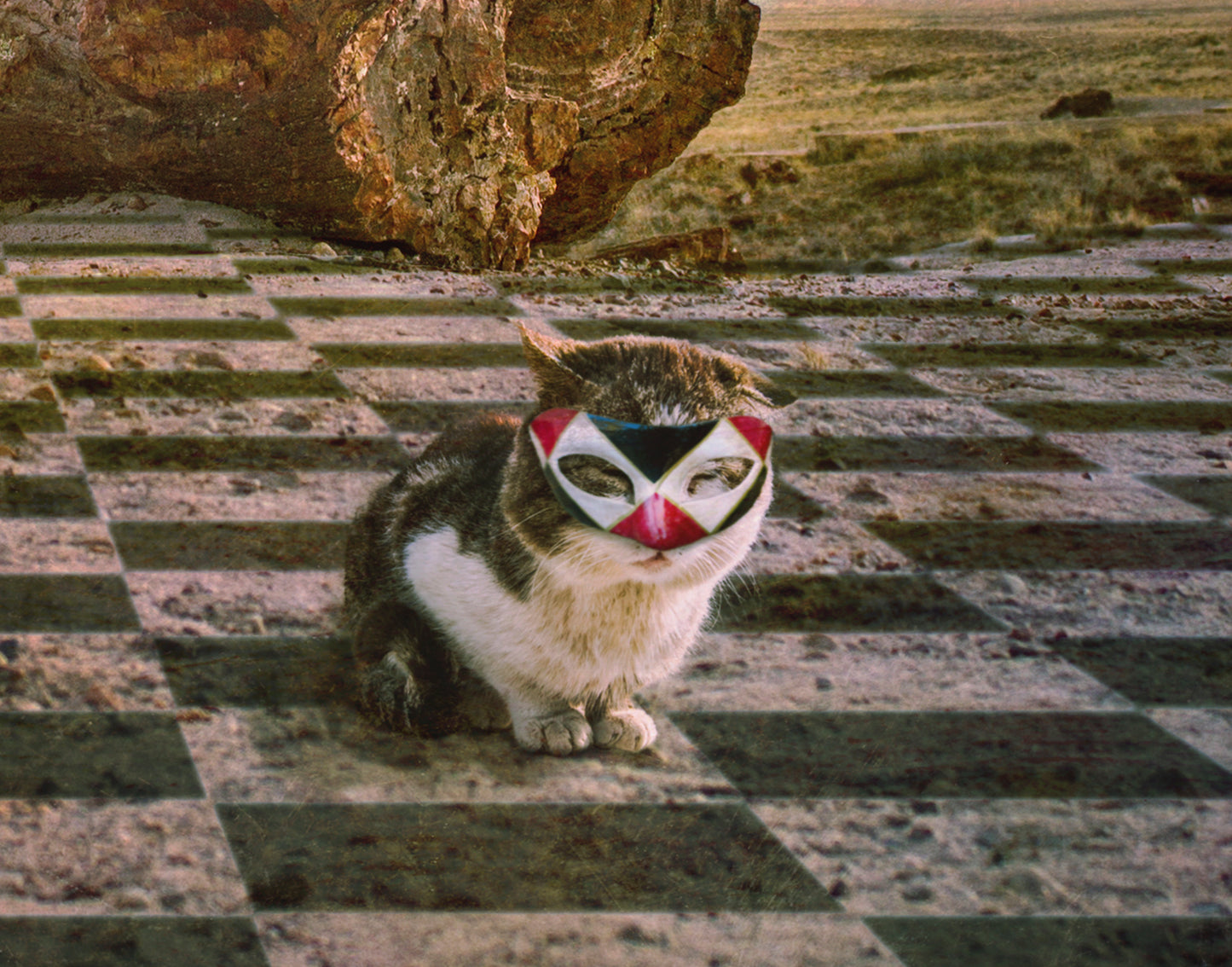 Digital composition of person hiding inside  square-shaped tree w cat in foreground wearing mask; artist Jane Ouweleen; closeup of cat