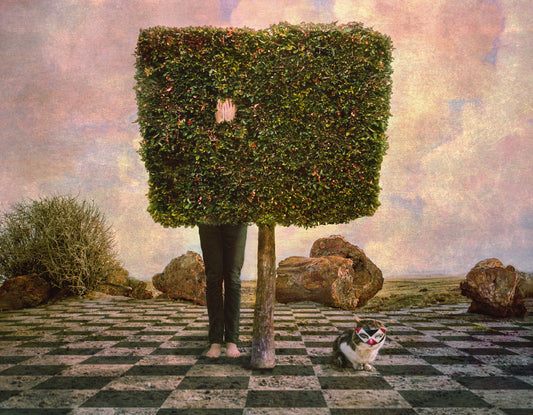 Digital composition of person hiding inside  square-shaped tree w cat in foreground wearing mask; artist Jane Ouweleen