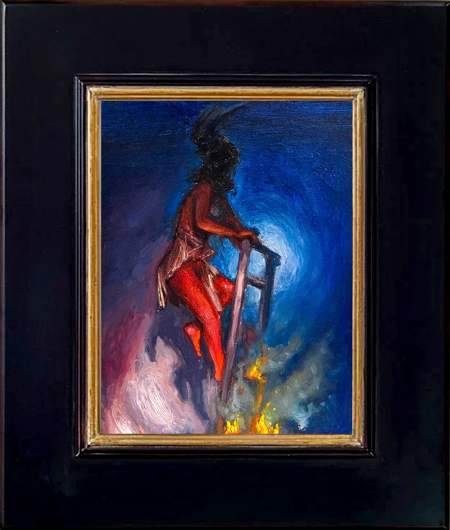 Impressionistic depiction of a person climbing a ladder appearing to go nowhere with a blue and purple background; shown with 2" black wood frame