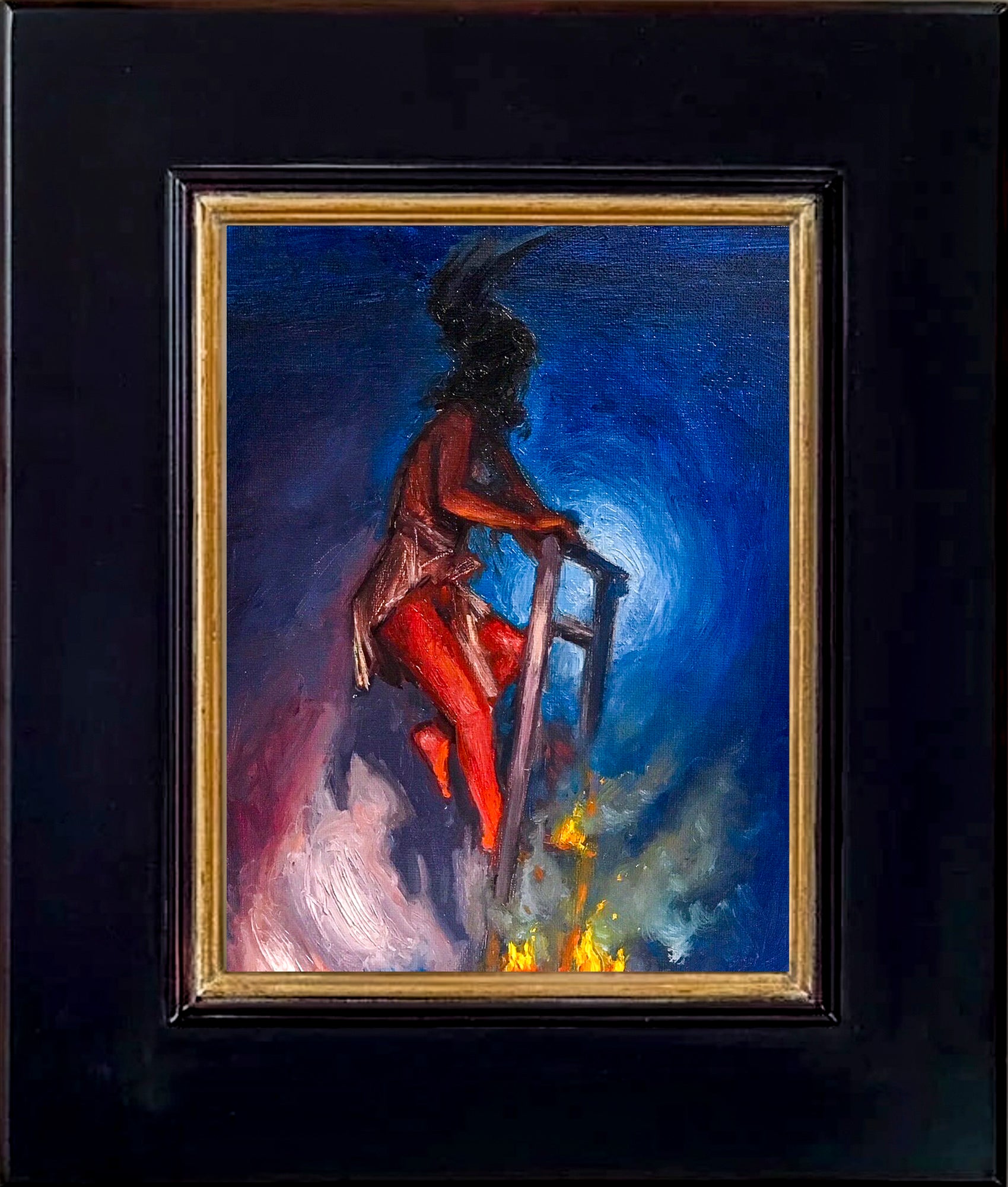 Impressionistic depiction of a person climbing a ladder appearing to go nowhere with a blue and purple background; shown with 2" black wood frame