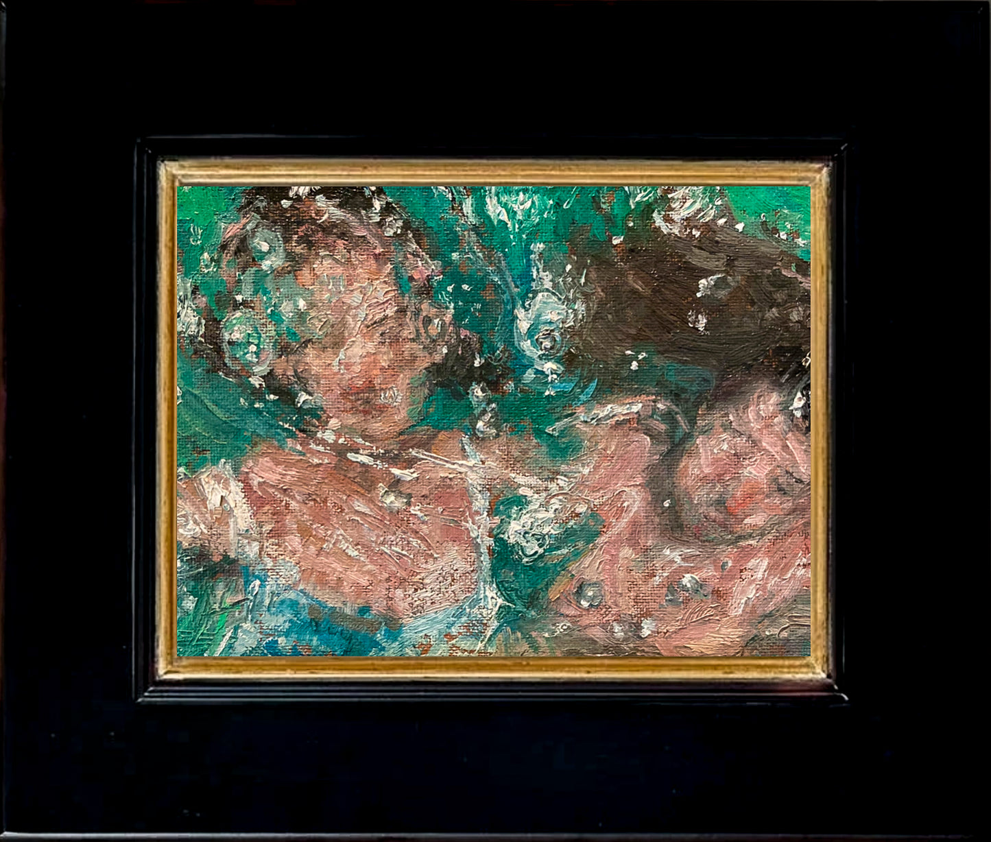 A painting of two faces appearing submerged in water. which swirls across the canvas. Using warmer tones for the skin, set against the cooler hues of green and touches of blue; shown with 2" black wood frame