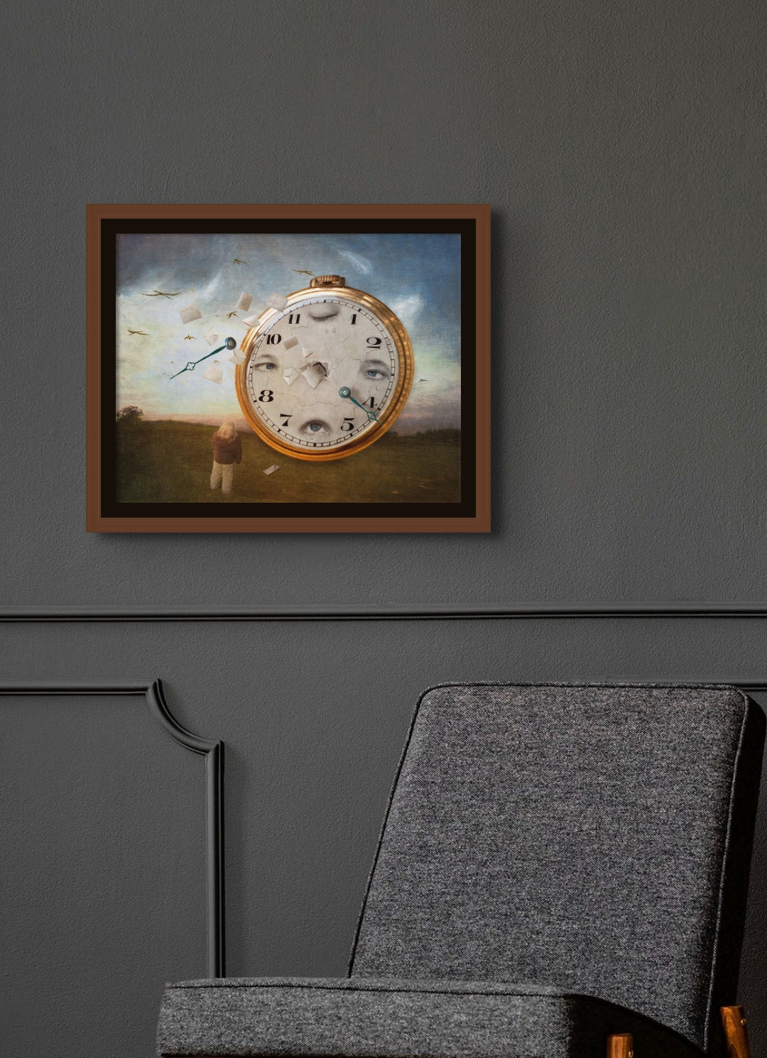 Boy looking at clock in disarray titled 'The Consequence of Secrets' by Jane Ouweleen in situ