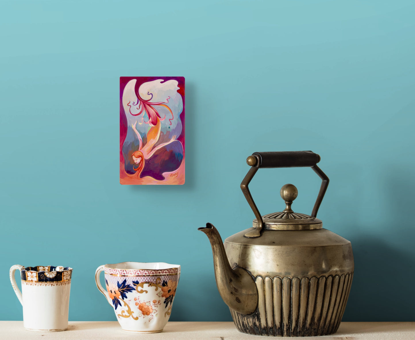 Bloom II is shown here insitu. It hangs on a light teal wall over a tea set that sits on a side table.