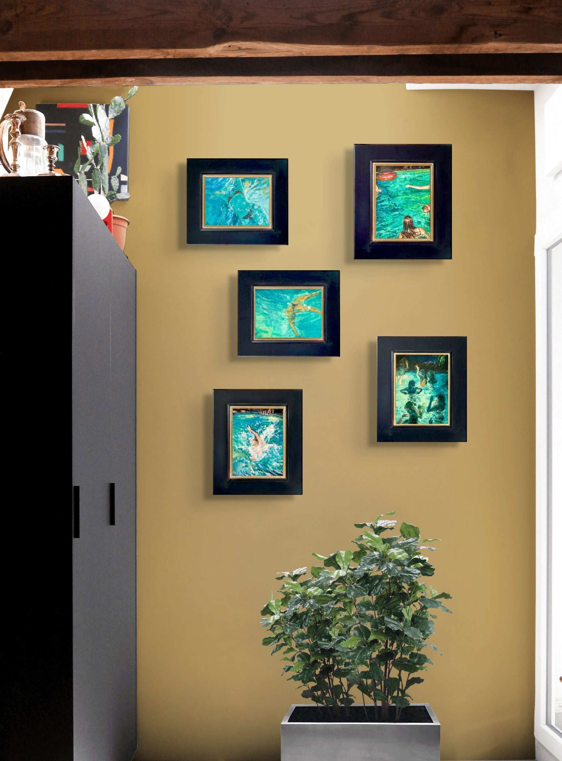 In situ wall arrangement of five of E. E. Jacks' paintings featuring persons in a swimming pool; blues and greens