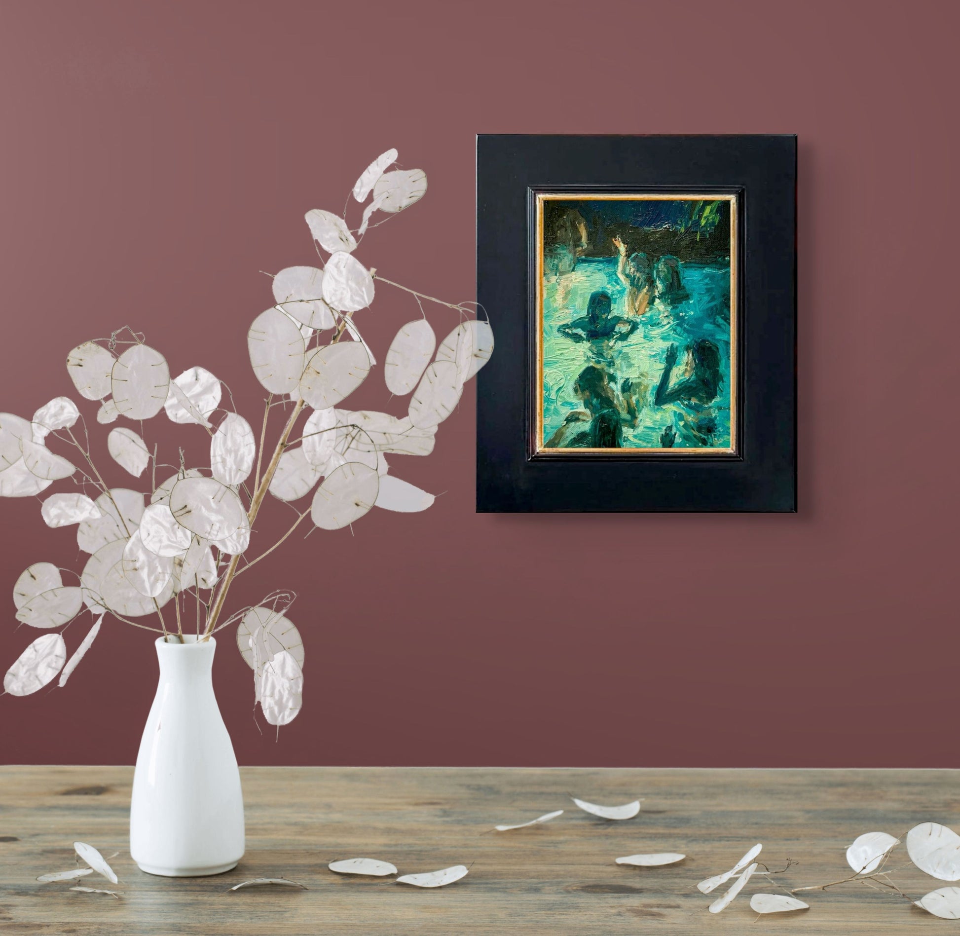 Wood-frames w/gold edge painting of people in a pool using blues, greens, and yellows with a focus on water and reflections; shown in situ