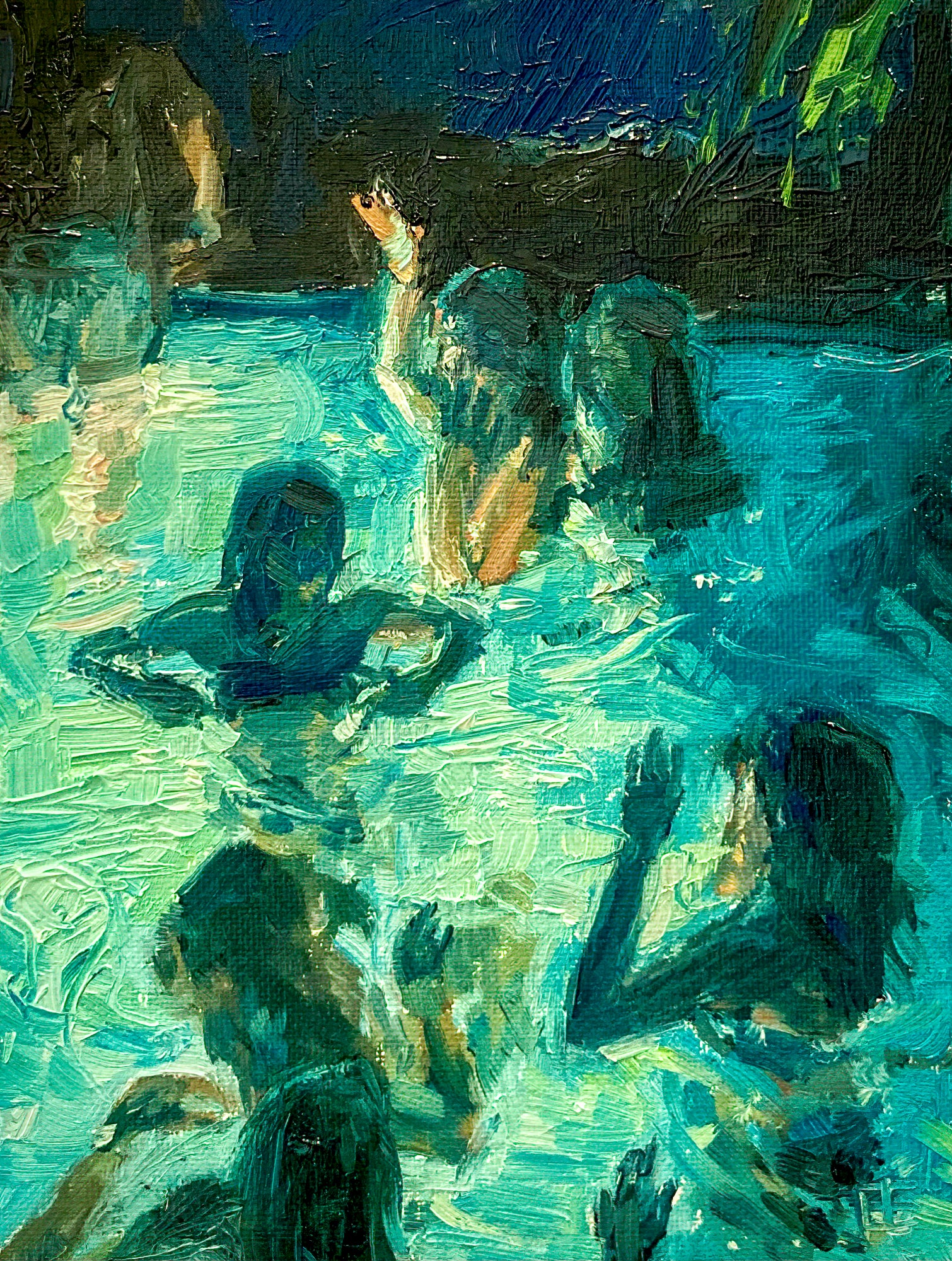 Painting of people in a pool using blues, greens, and yellows with a focus on water and reflections.