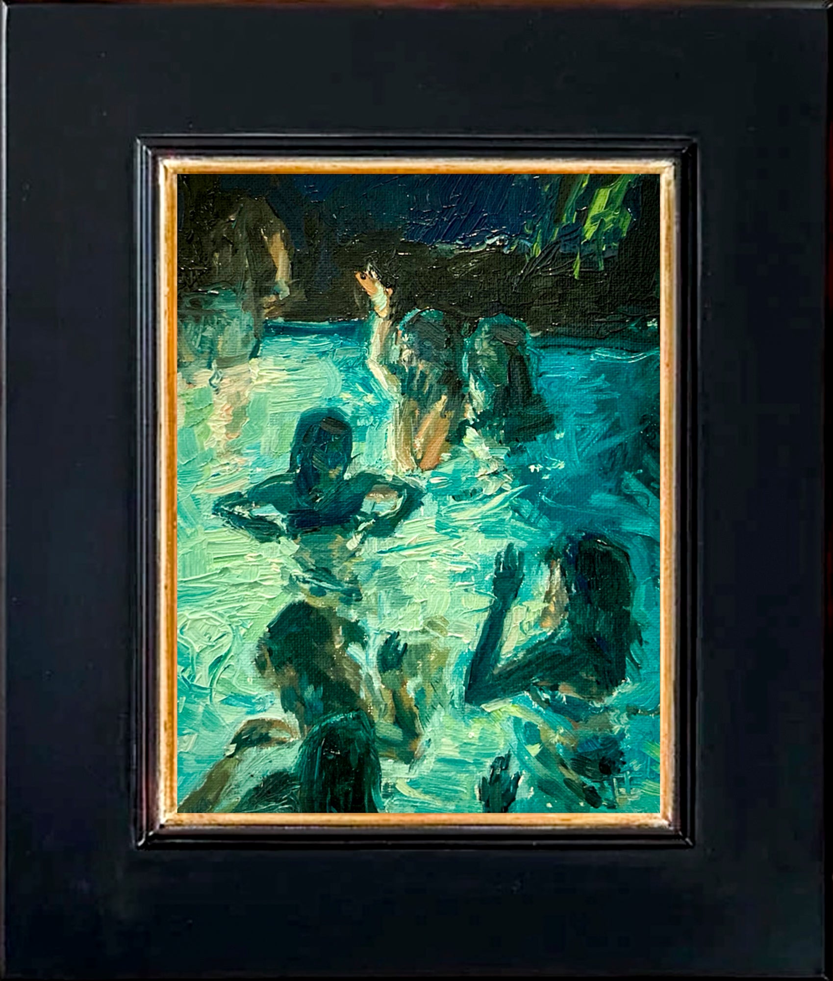 Wood-frames w/gold edge painting of people in a pool using blues, greens, and yellows with a focus on water and reflections.