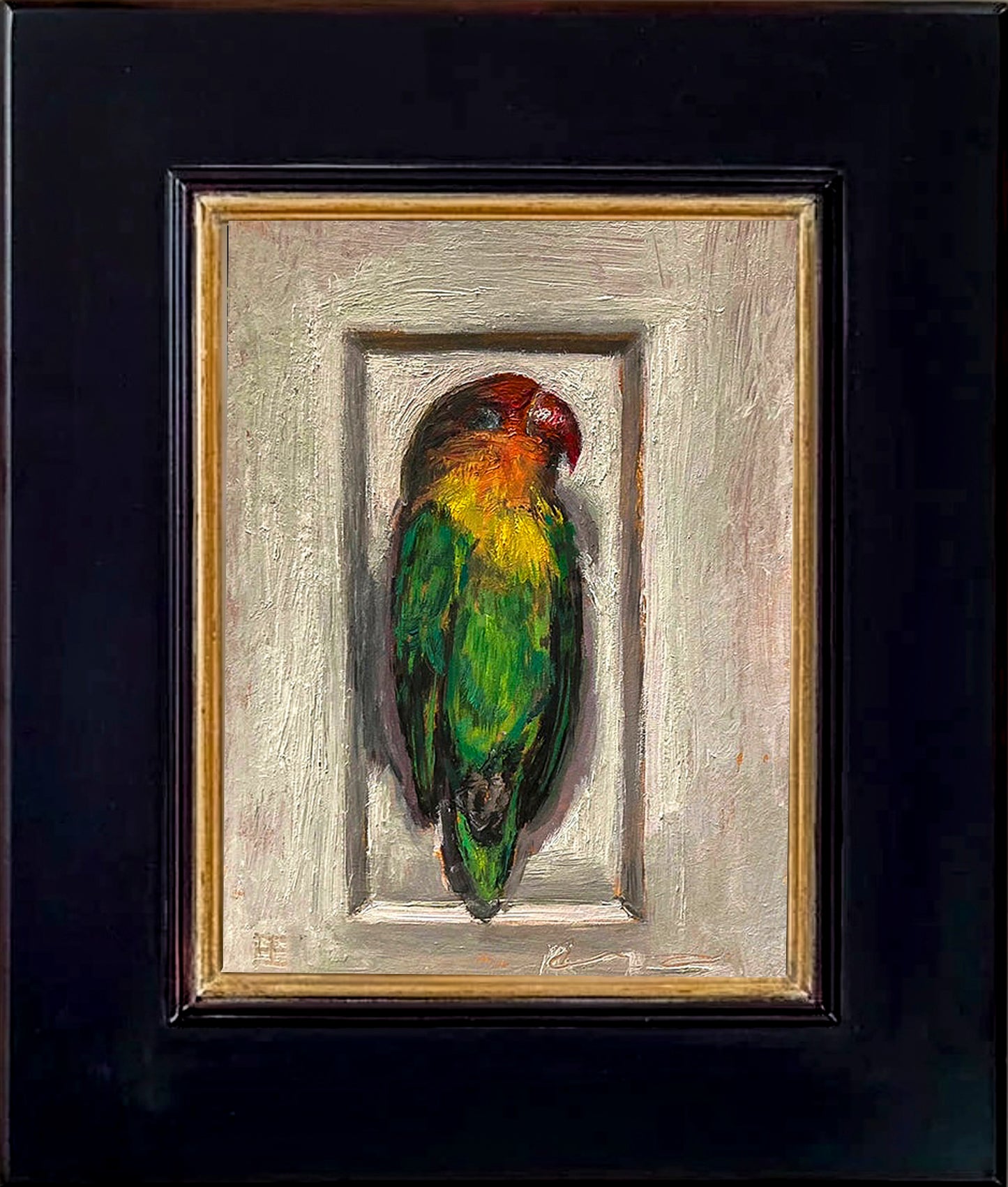 Painting of a colorful dead parrot lying in a small enclosure on a textured light brown background; shown with 2" black wood frame.