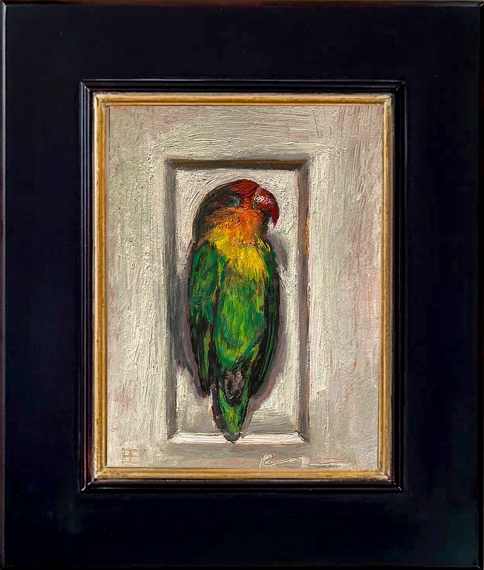 Painting of a colorful dead parrot lying in a small enclosure on a textured light brown background; shown with 2" black wood frame.