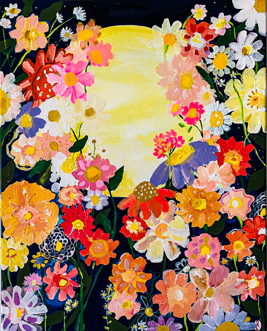 Colorful flowers provide a beautiful border for a bright yellow full moon on a starry dark sky background.