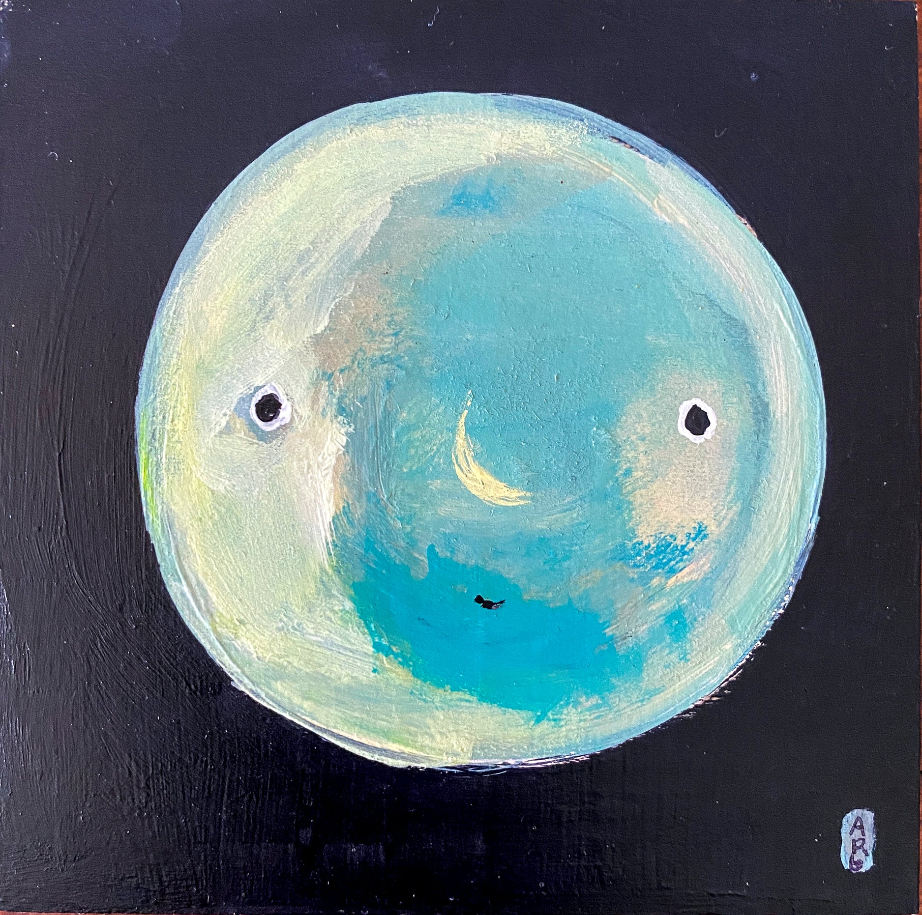 Painting featuring a blue moon with a subtly drawn face. On one side of the moon, another subtly draw crescent moon appears; artist April Bedard