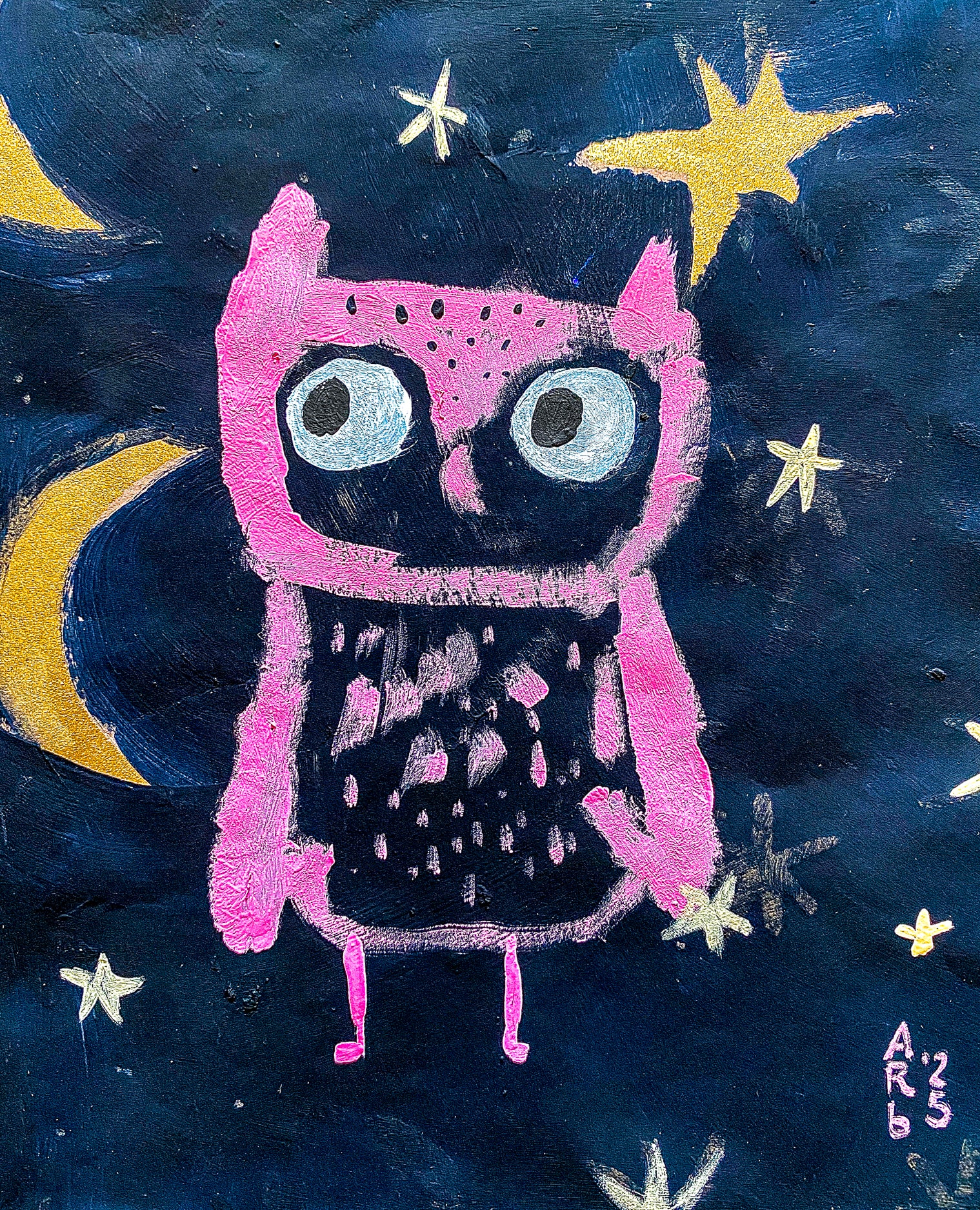 Whimsical pink owl with  on a dark blue background with stars and moon