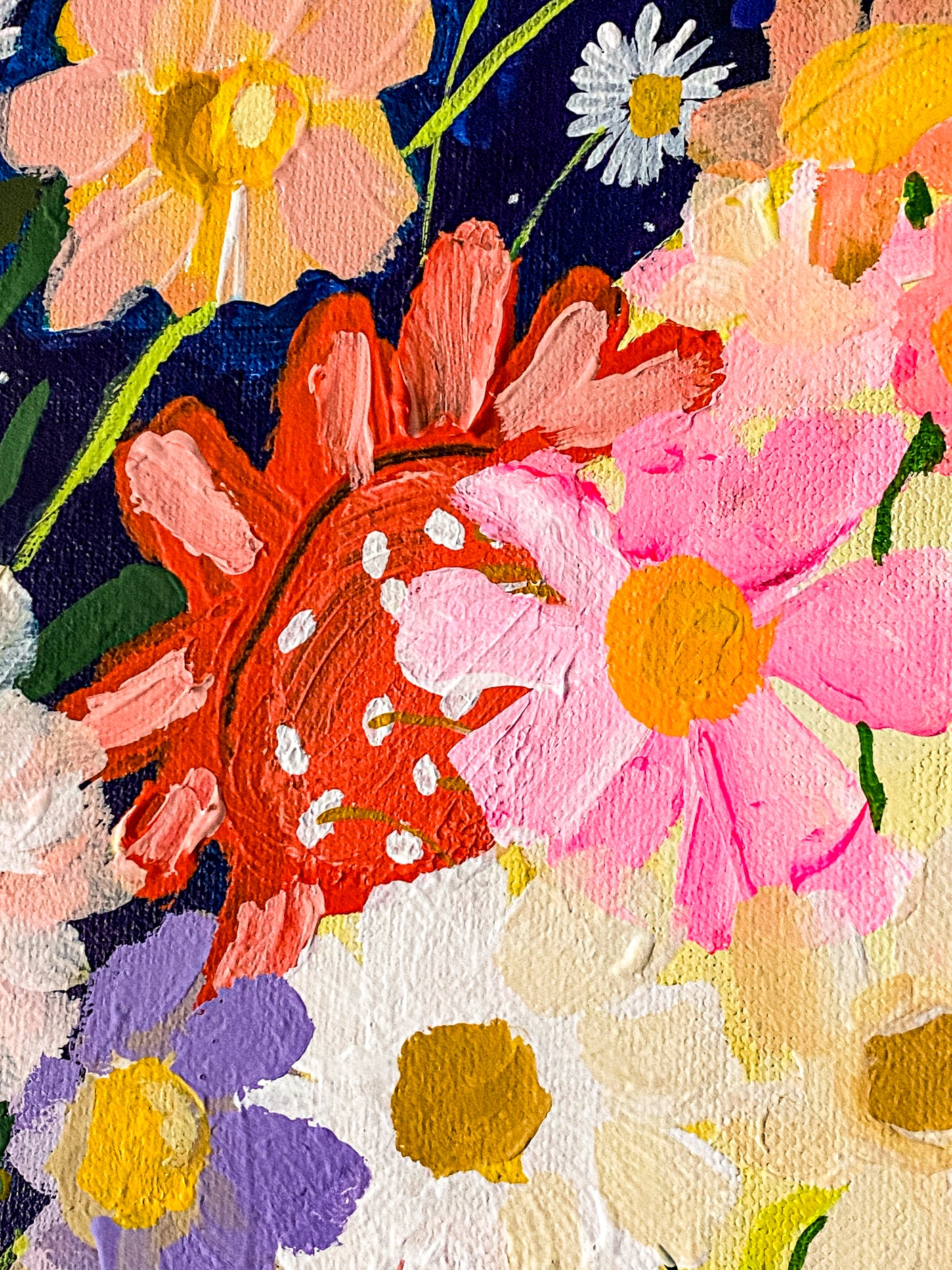This is a second close up of the detailed layering of the acrylic paint to form the flowers that border the moon.