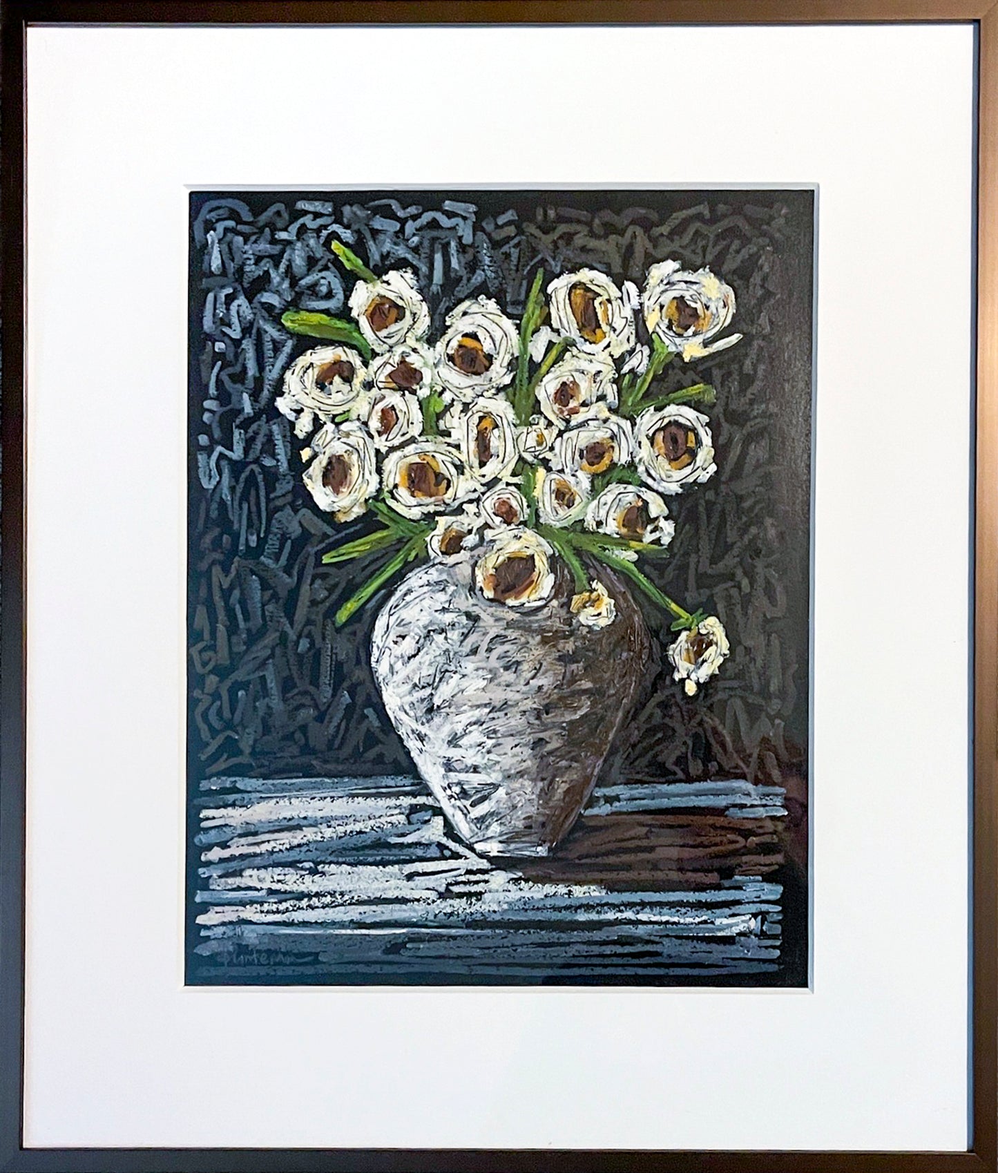 This shows Black Tie in a bronze metal frame with white mat.