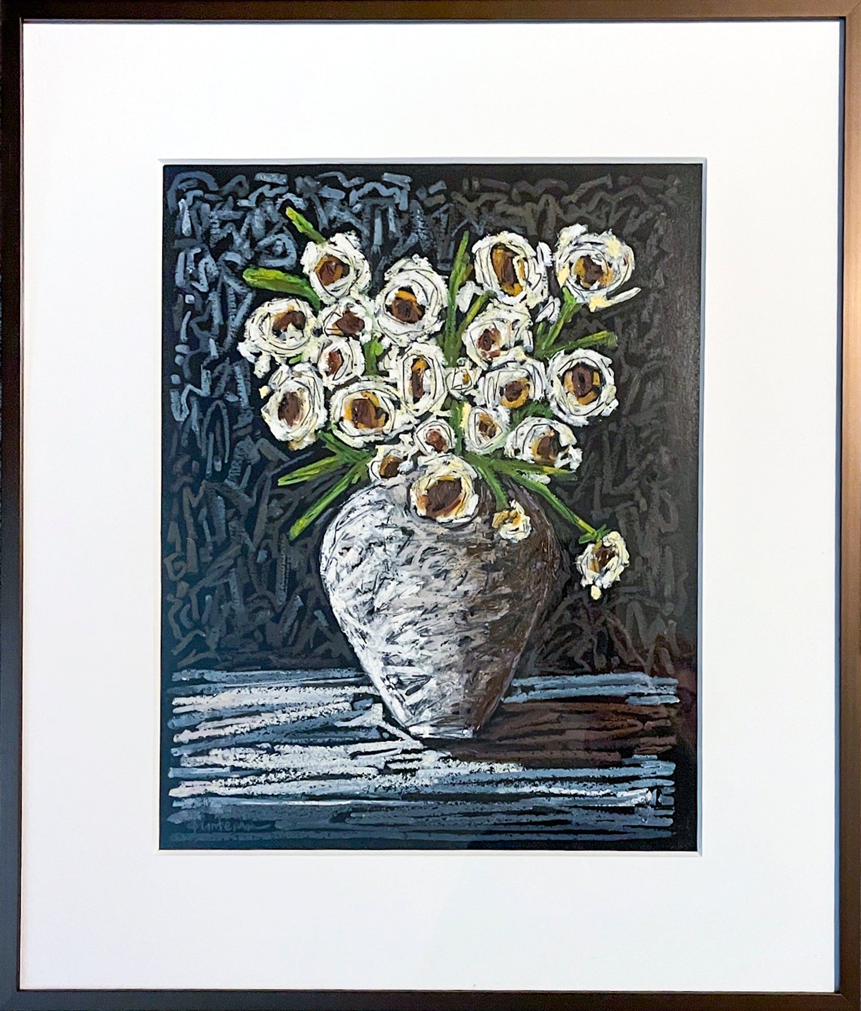 This shows Black Tie in a bronze metal frame with white mat.