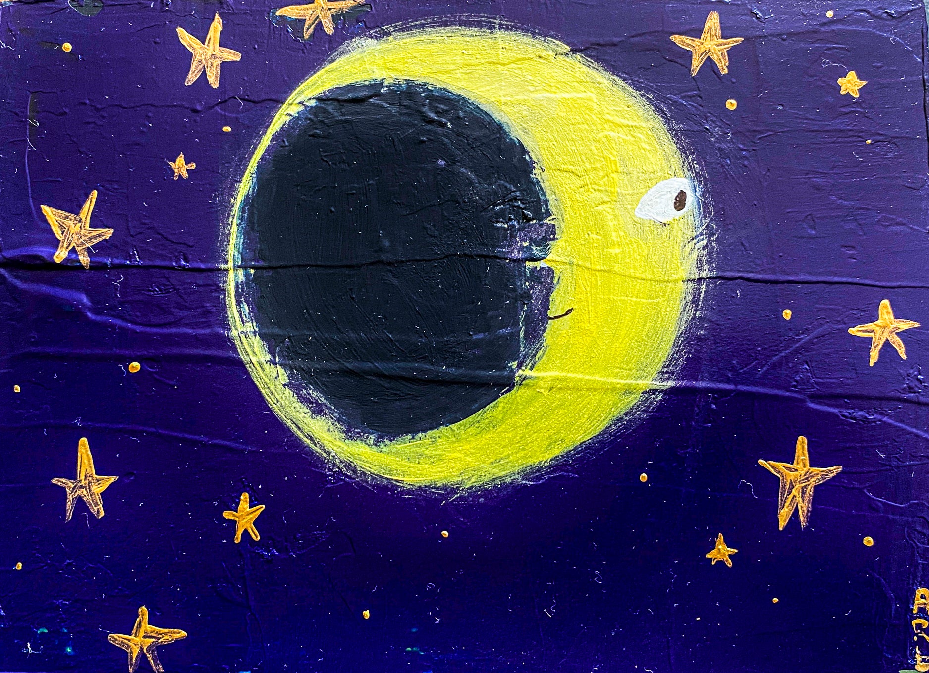 Painting of a moon with a face on a purple background with stars; on wooden panel