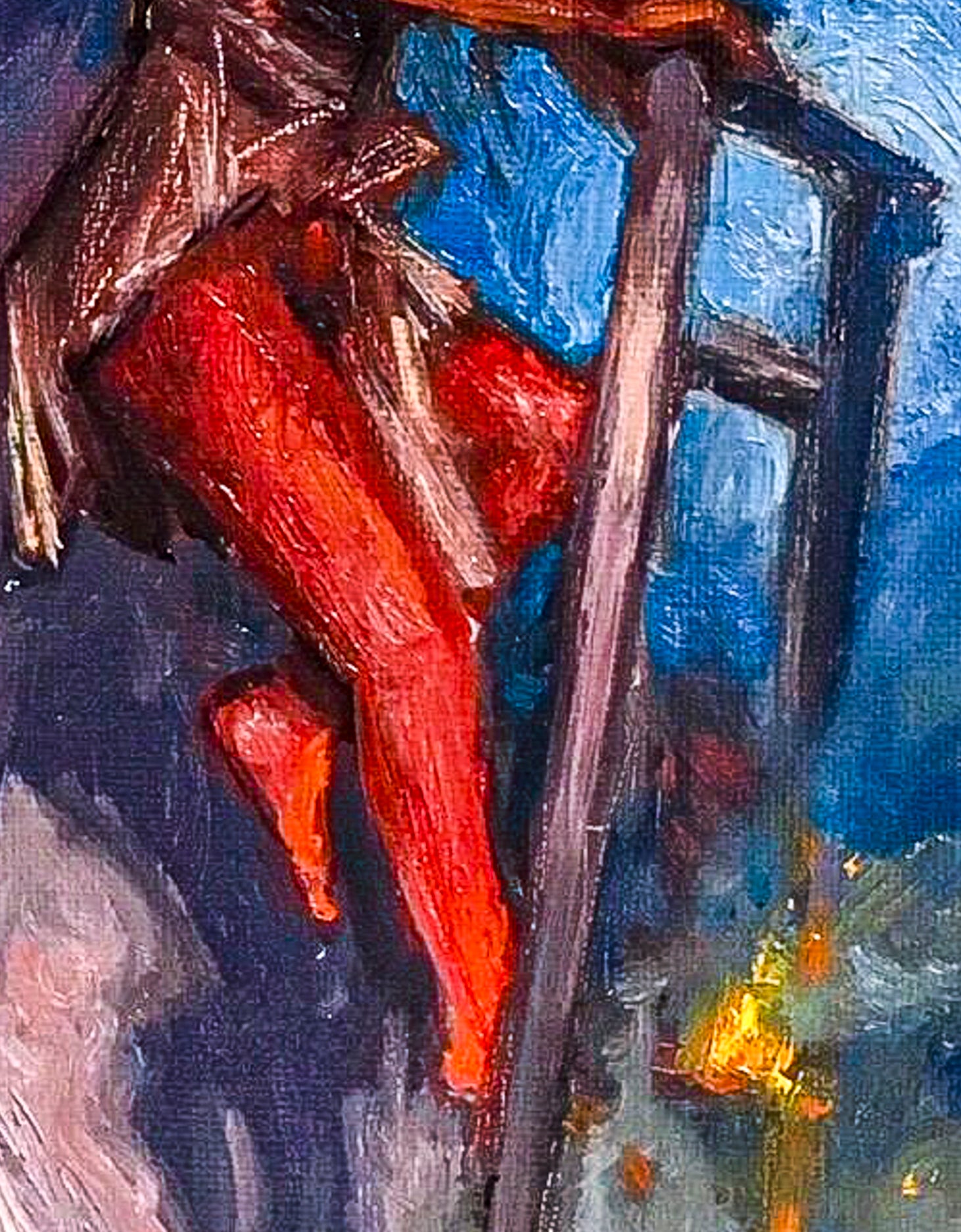 Closeup of an impressionistic depiction of a person climbing a ladder appearing to go nowhere with a blue and purple background; shown with 2" black wood frame and in situ on a green wall above a white pumpkin