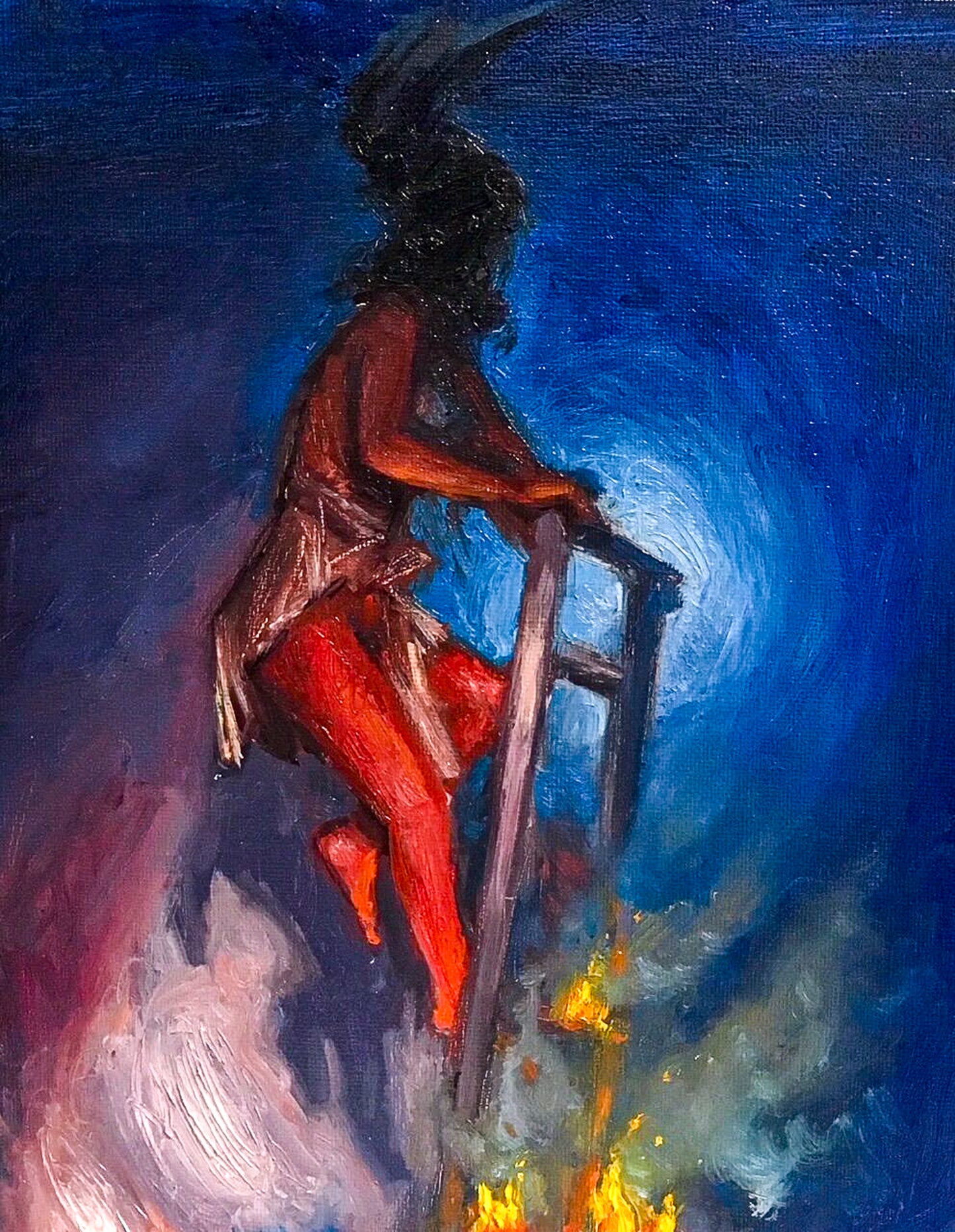Impressionistic depiction of a person climbing a ladder appearing to go nowhere with a blue and purple background