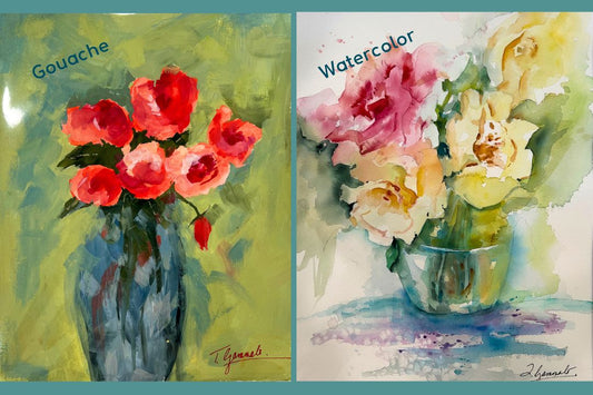 Two images of flowers in vase, both colorful, one is example of painting with gouache, the other an example of watercolor; both by artist Teri Gammalo