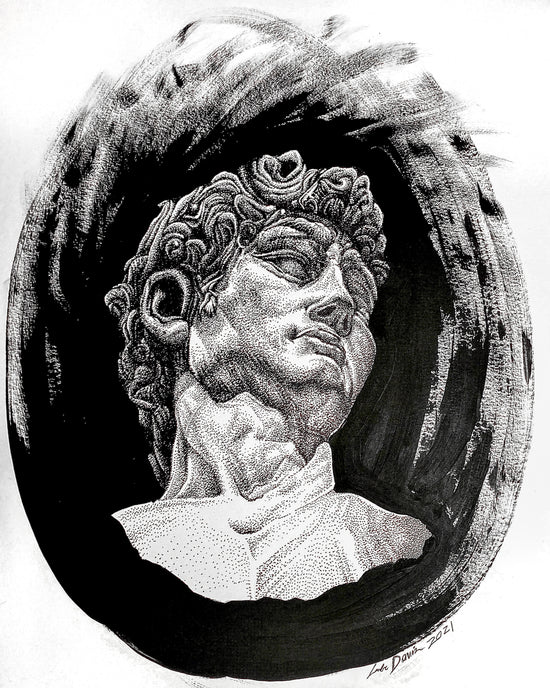 Luke Davis' has created in pen and ink a portrait of a bust of David at the Musée d´Orsay. The detailed image of the bust is set upon  an oval  background of black